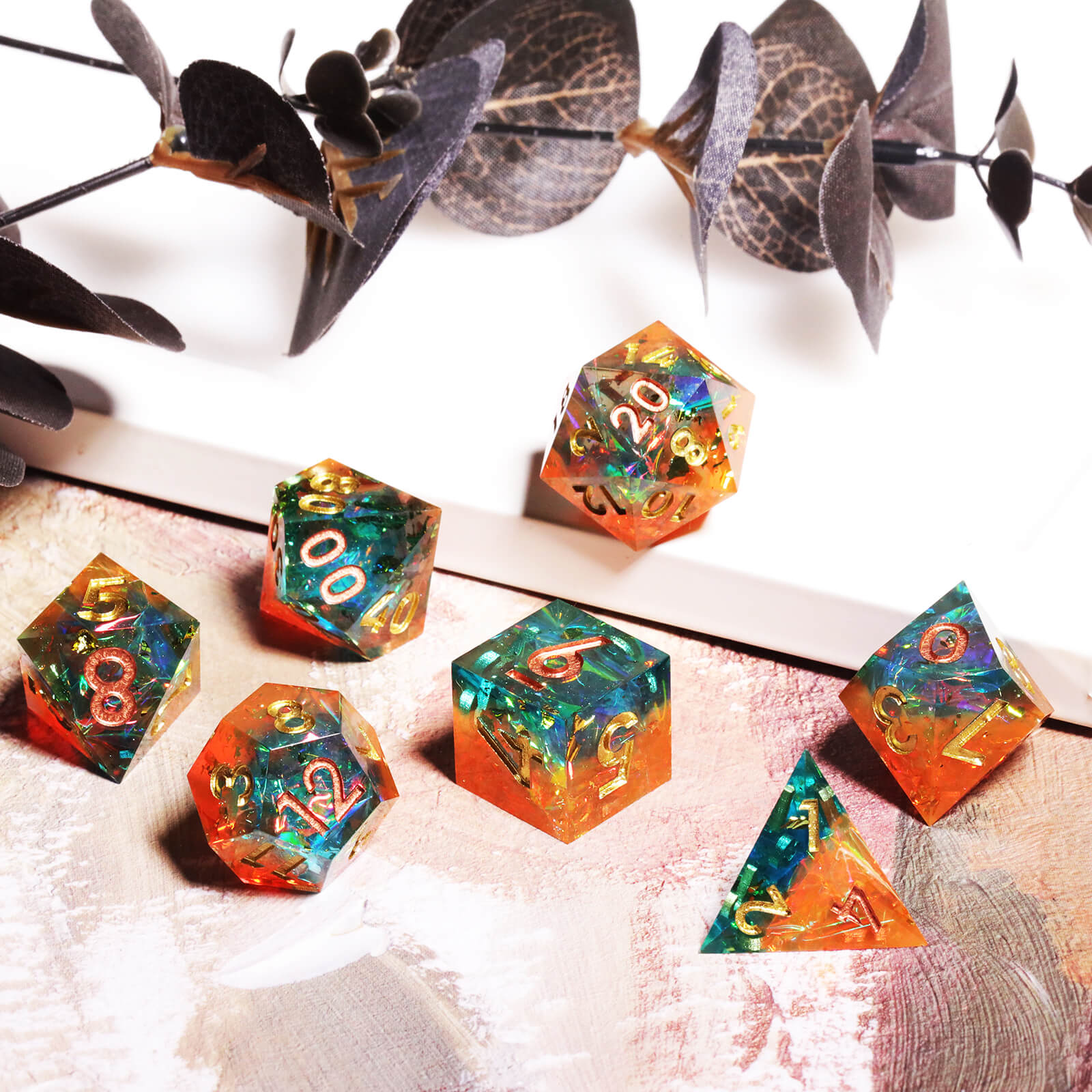 Gaming Resin 7 Sharp Edge Polyhedral D and D Set Dice - Freedom and Piety - Dice of Dragons