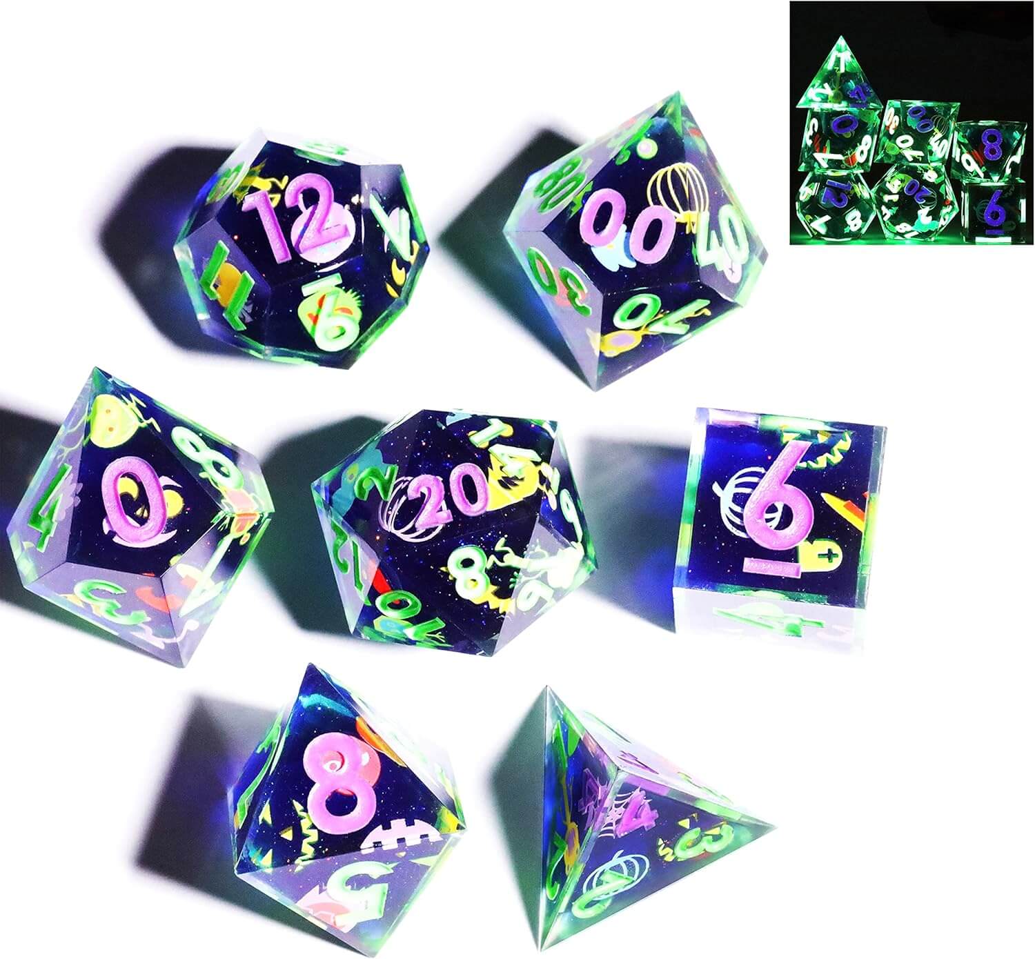 Gaming Resin 7 Sharp Edge Polyhedral D and D Set Dice - Little Monster - Dice of Dragons