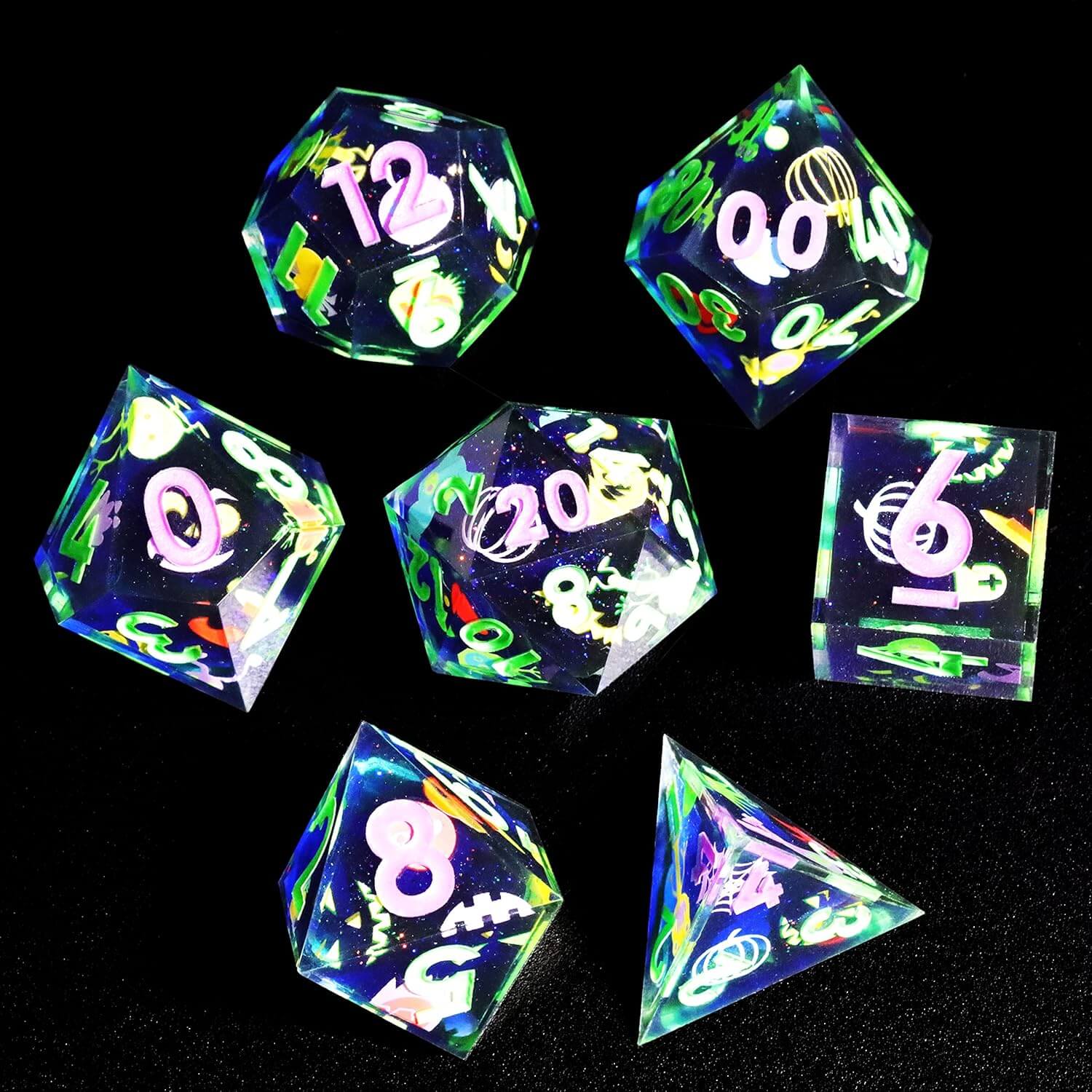 Gaming Resin 7 Sharp Edge Polyhedral D and D Set Dice - Little Monster - Dice of Dragons