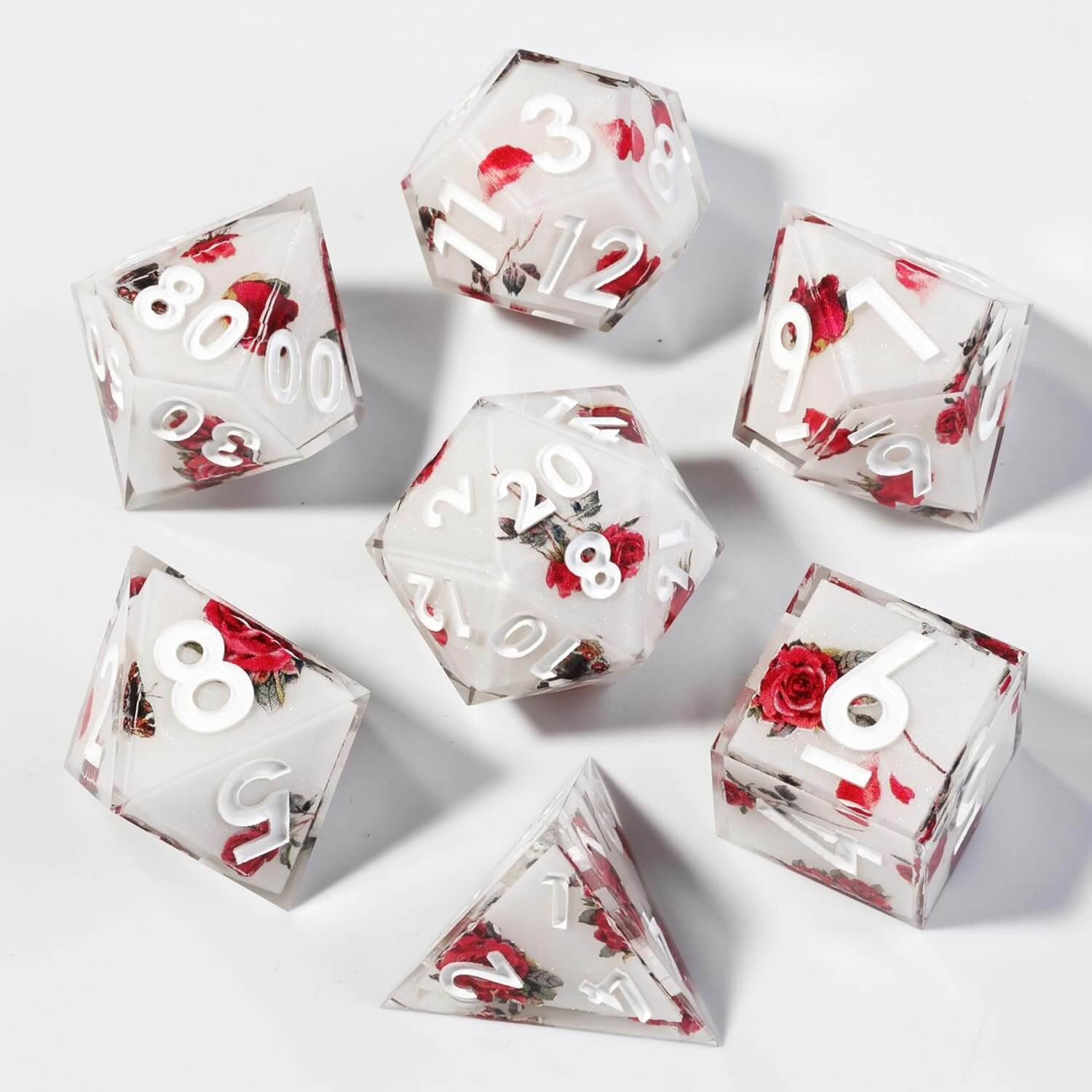 Gaming Resin 7 Sharp Edge Polyhedral D and D Set Dice - Red Rose - Dice of Dragons