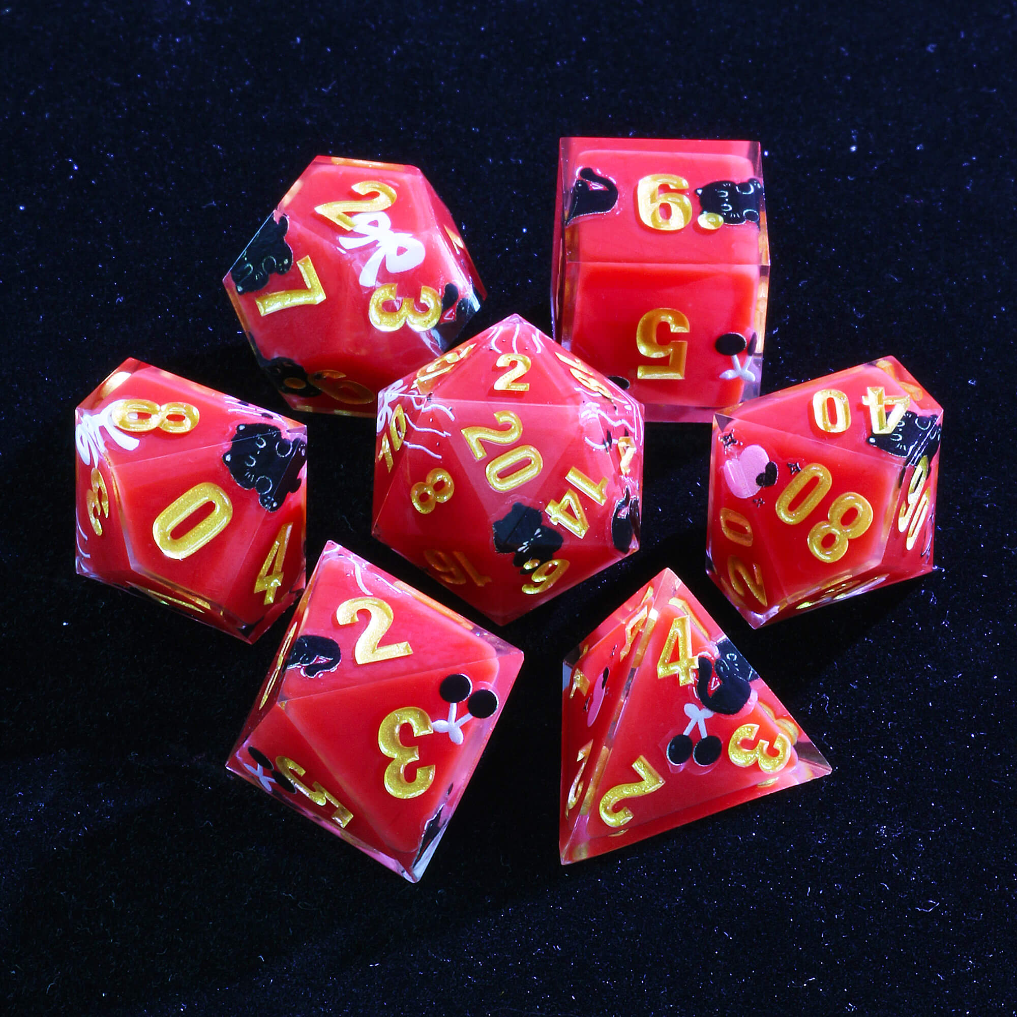 Good 7 Polyhedral Resin Dice Sets D and D Cat Red - Dice of Dragons