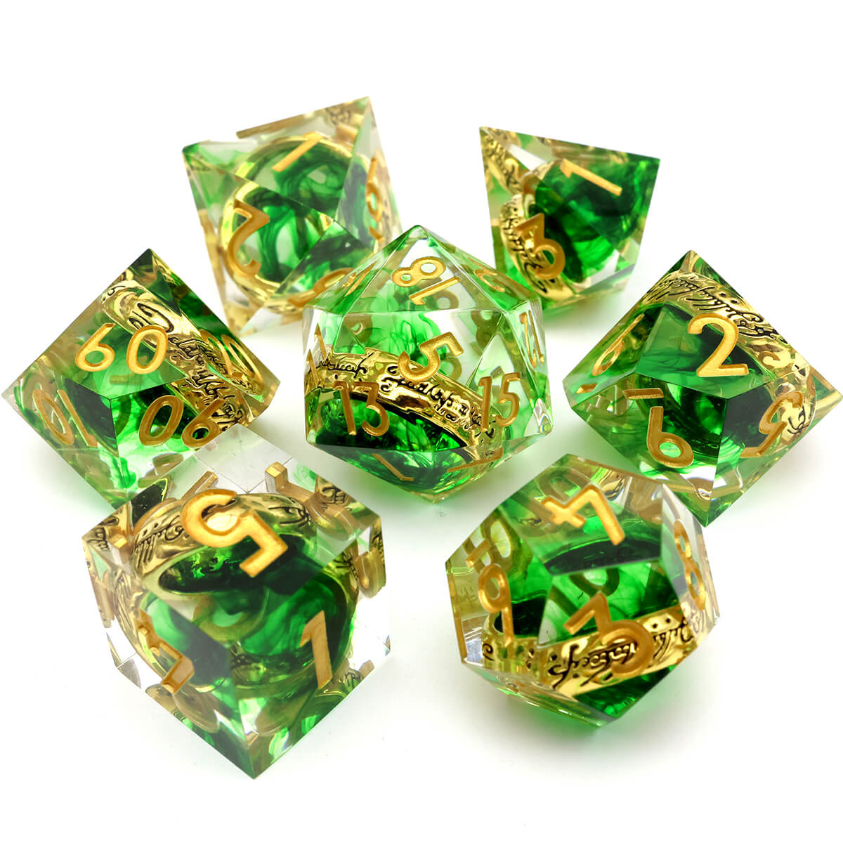 Green Magic Ring 7-Piece Sharp Edge DND Dice Set - Dice of Dragons