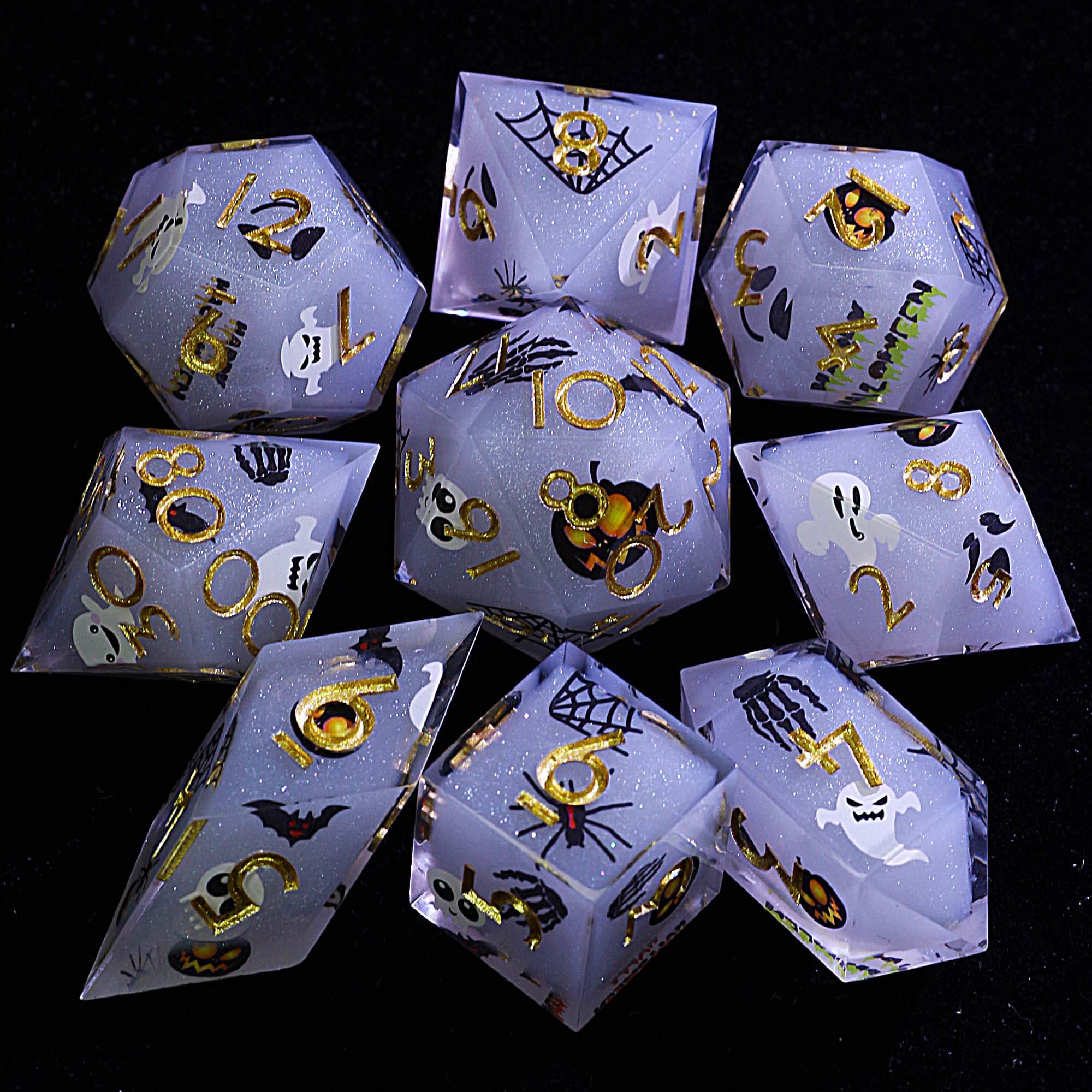 Halloween 9 Polyhedral Resin D and D Sets of Dice Gray Ghost Pumpkin Trick or Treat