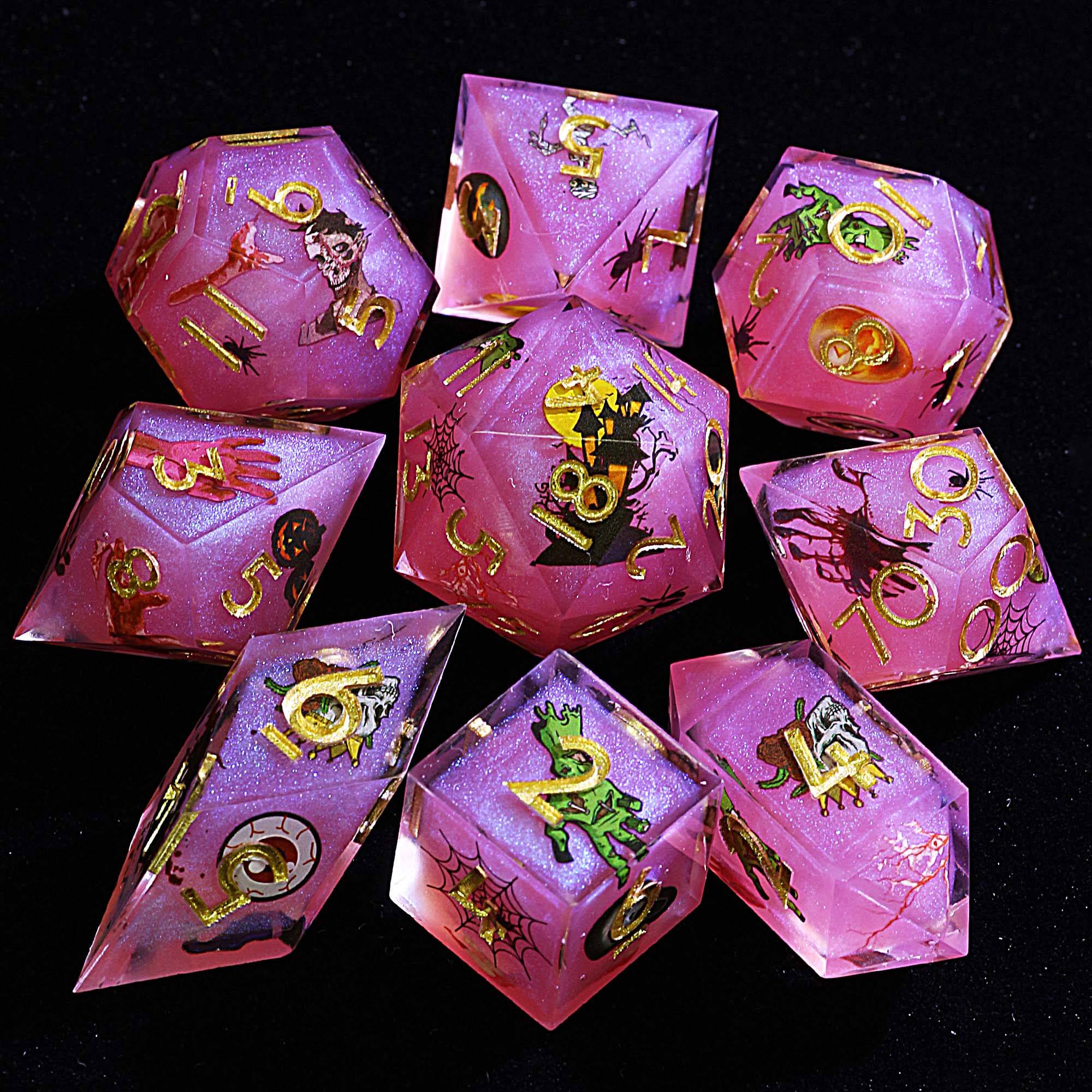 Halloween 9 Polyhedral Resin D&D Set of Dice Pink Sparkly Spooky House