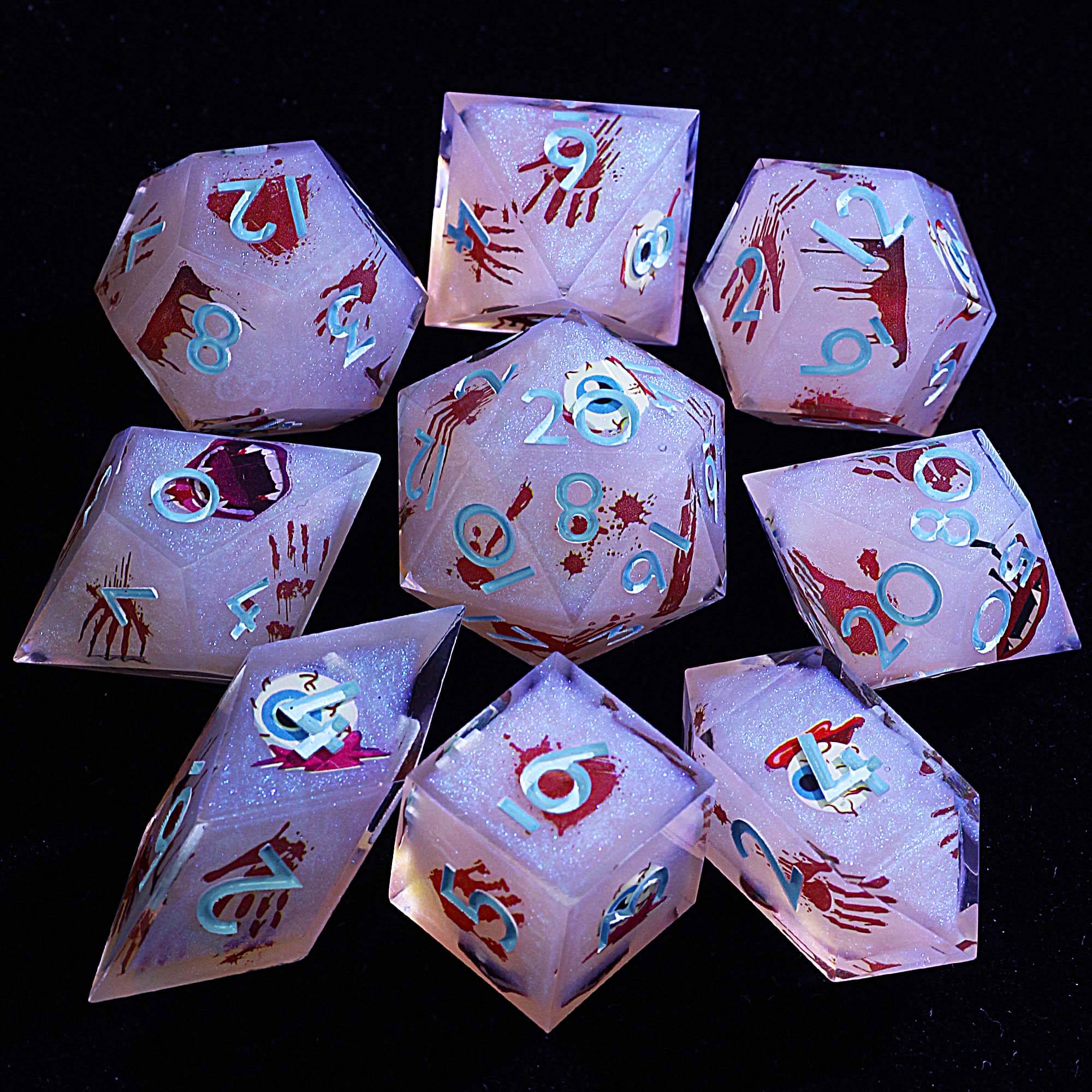Halloween 9 Polyhedral Resin D&D Sets of Dice Eyeball Mouth Hand Print