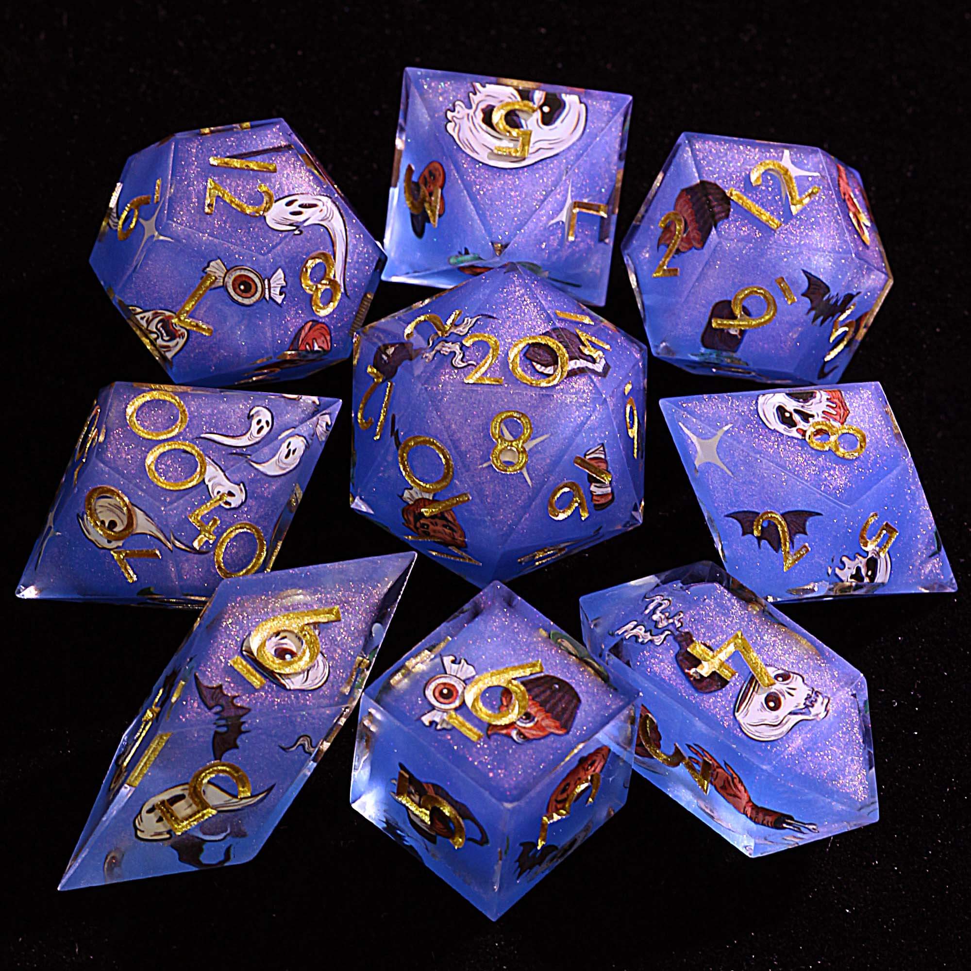 Halloween 9 Polyhedral Resin Set of Dice D and D Blue Vampire Bat Skull