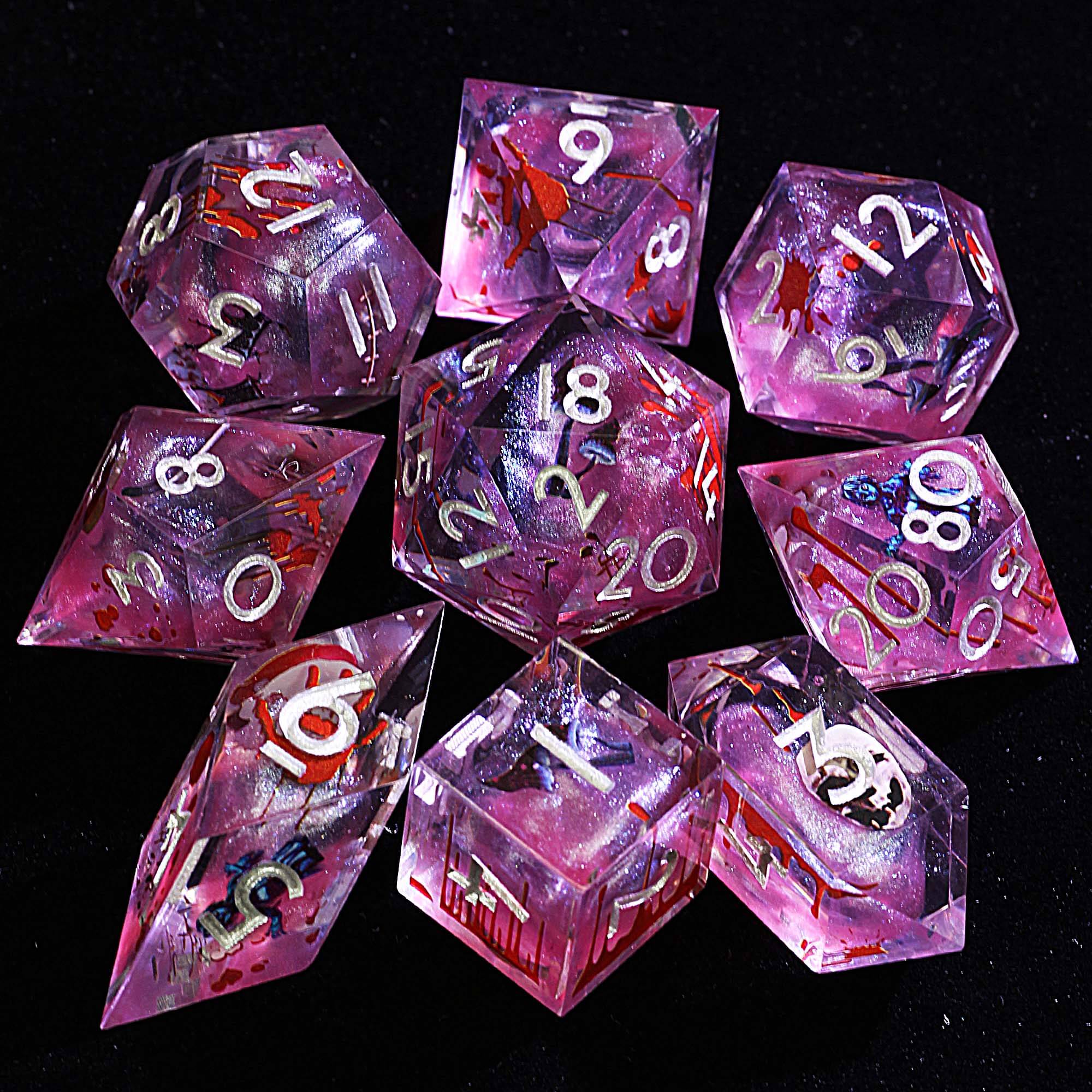 Halloween 9 Polyhedral Resin Set of Dice DD Pink Blood Splatter
