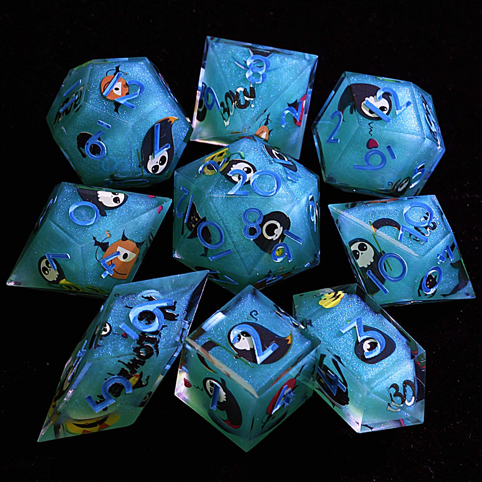 Halloween 9 Polyhedral Resin Set of Dice D&D Lake Blue Dark Ghost