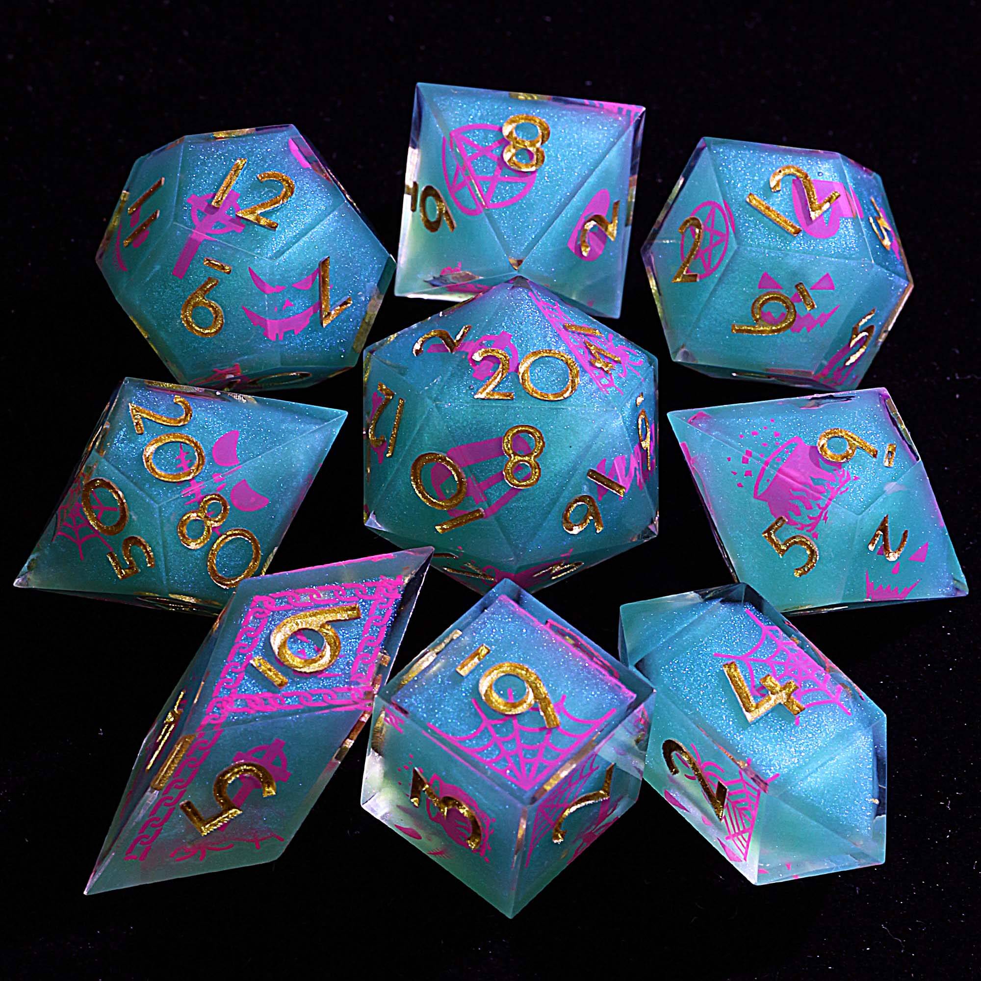 Halloween 9 Polyhedral Resin Set of Dice DnD Purple Spider Web