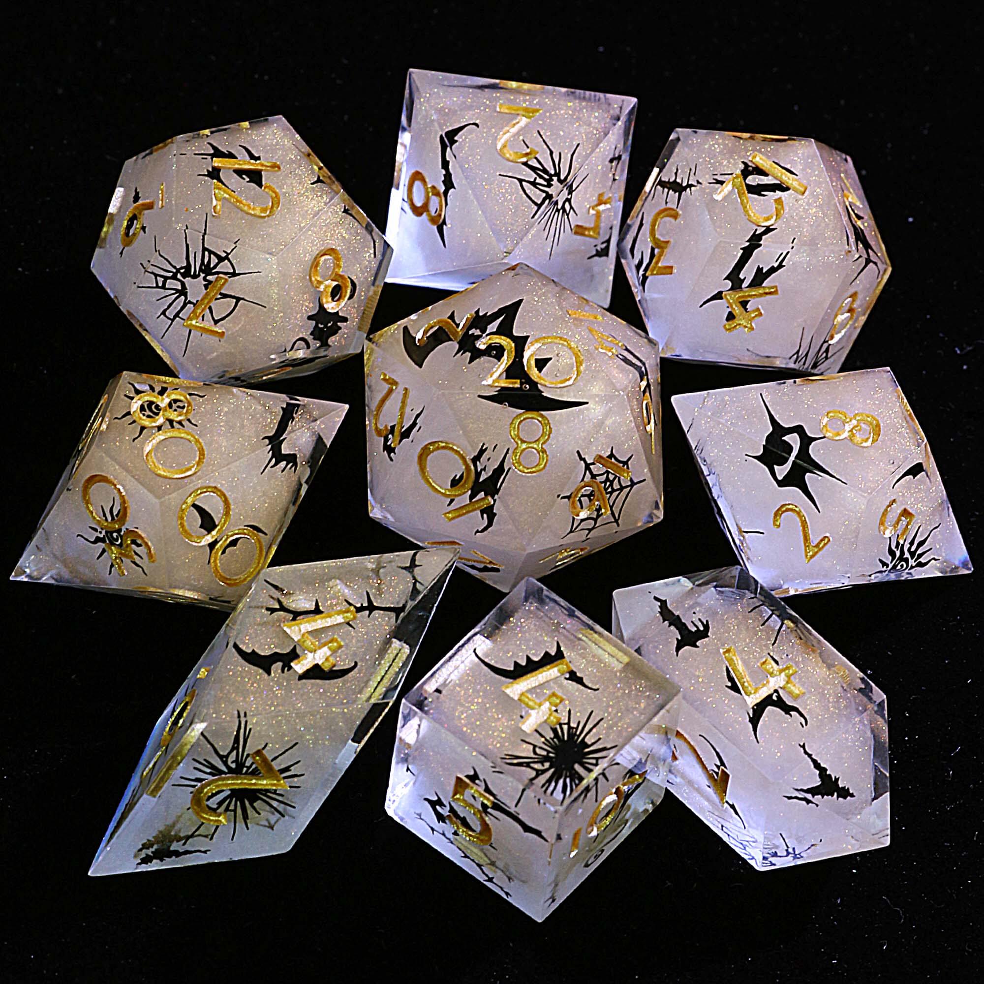 Halloween 9 Polyhedral Resin Sets of Dice D and D Yellow Black Simple Bat