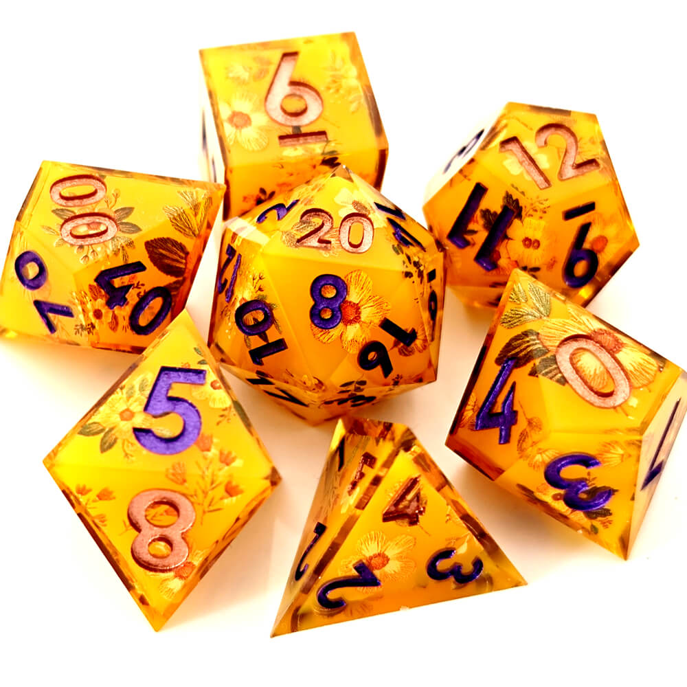 Honey Sharp Edge Resin Polyhedral 7-Piece D&D Dice Set - Dice of Dragons