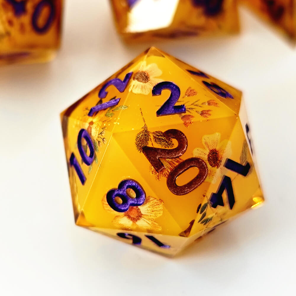 Honey Sharp Edge Resin Polyhedral 7-Piece D&D Dice Set - Dice of Dragons