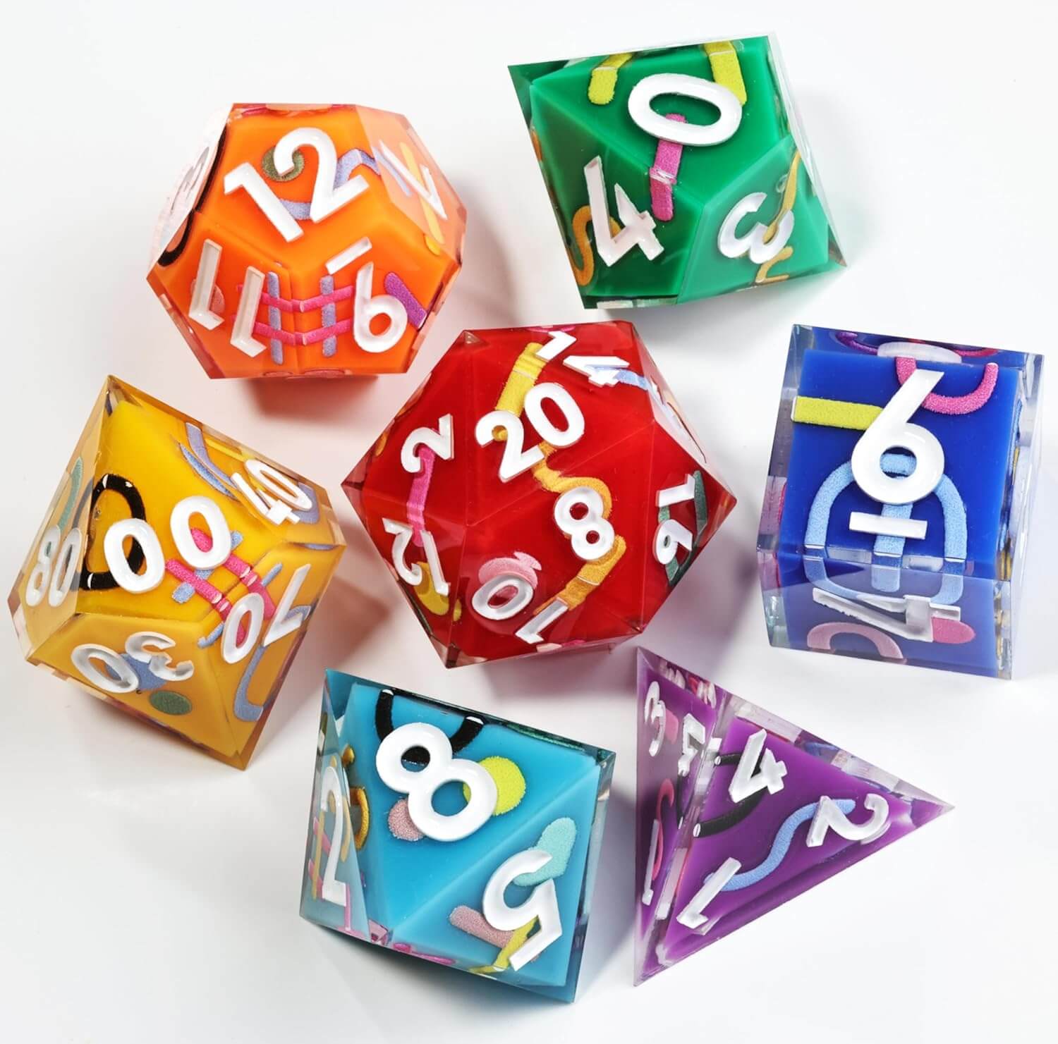 Iconic Rainbow Sharp Edge Polyhedral Resin 7-Piece D&D Dice Set - Dice of Dragons