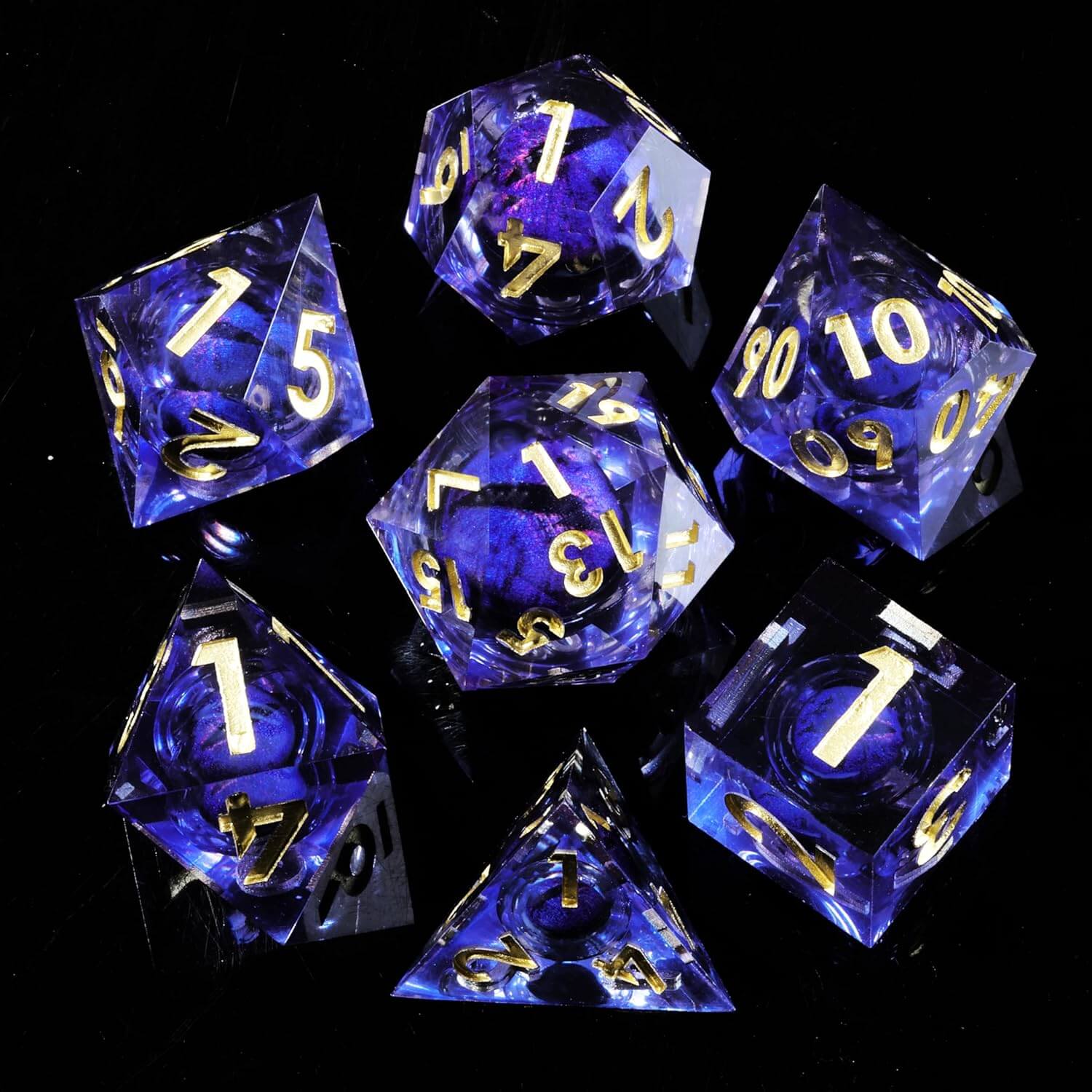 Liquid Core Dragon Eye Sharp Edge Polyhedral Resin 7-Piece D&D Dice Set - Dice of Dragons