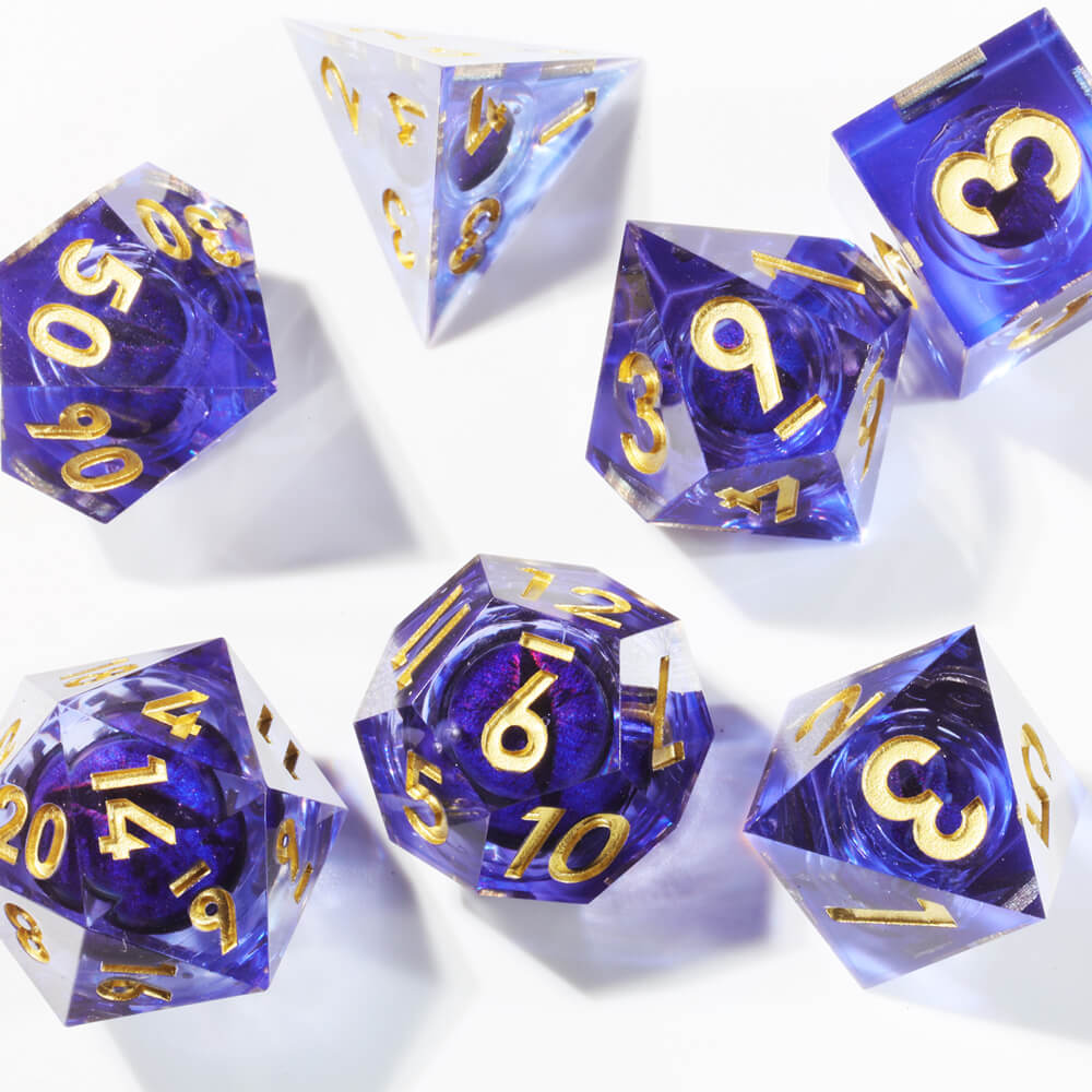 Liquid Core Dragon Eye Sharp Edge Polyhedral Resin 7-Piece D&D Dice Set - Dice of Dragons