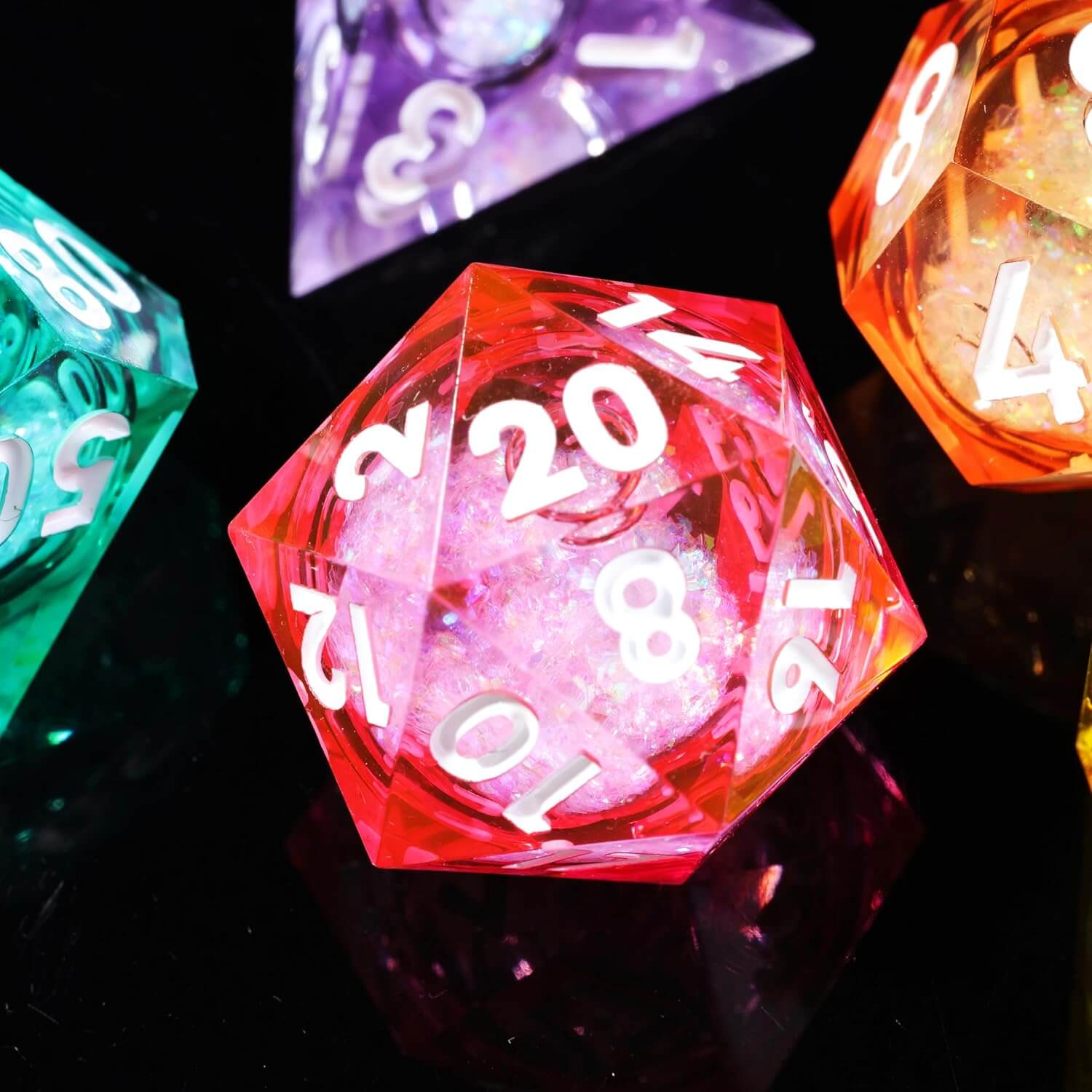 Liquid Core Rainbow 7-Piece Sharp Edge Polyhedral Resin D&D Dice Set - Dice of Dragons