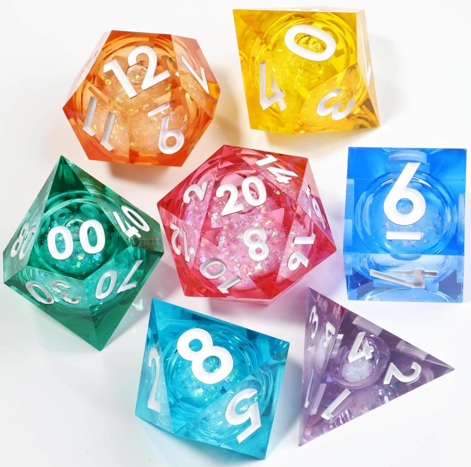 Liquid Core Rainbow 7-Piece Sharp Edge Polyhedral Resin D&D Dice Set - Dice of Dragons