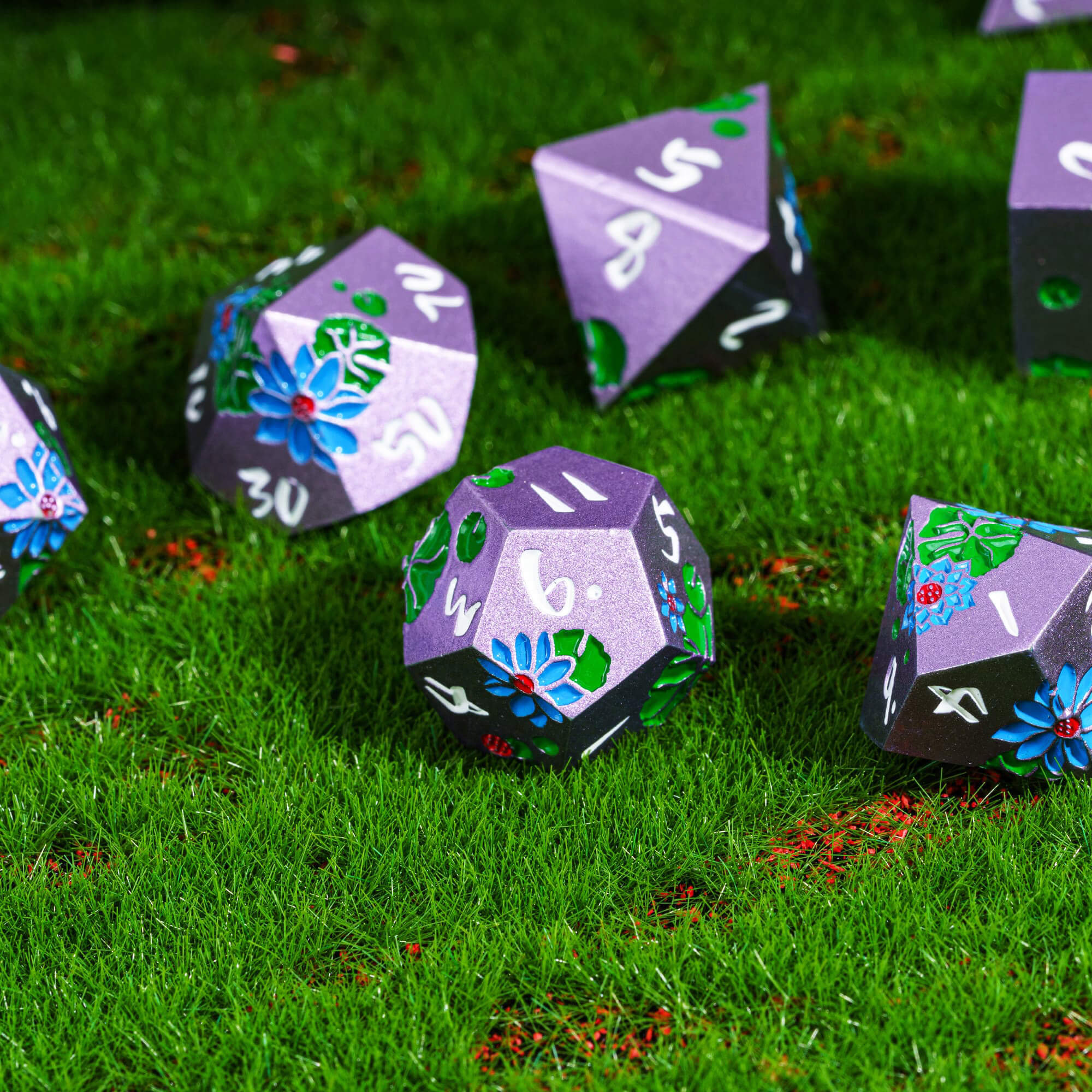 Lotus 7 Metal Polyhedral Set of Dice DnD Purple White - Dice of Dragons