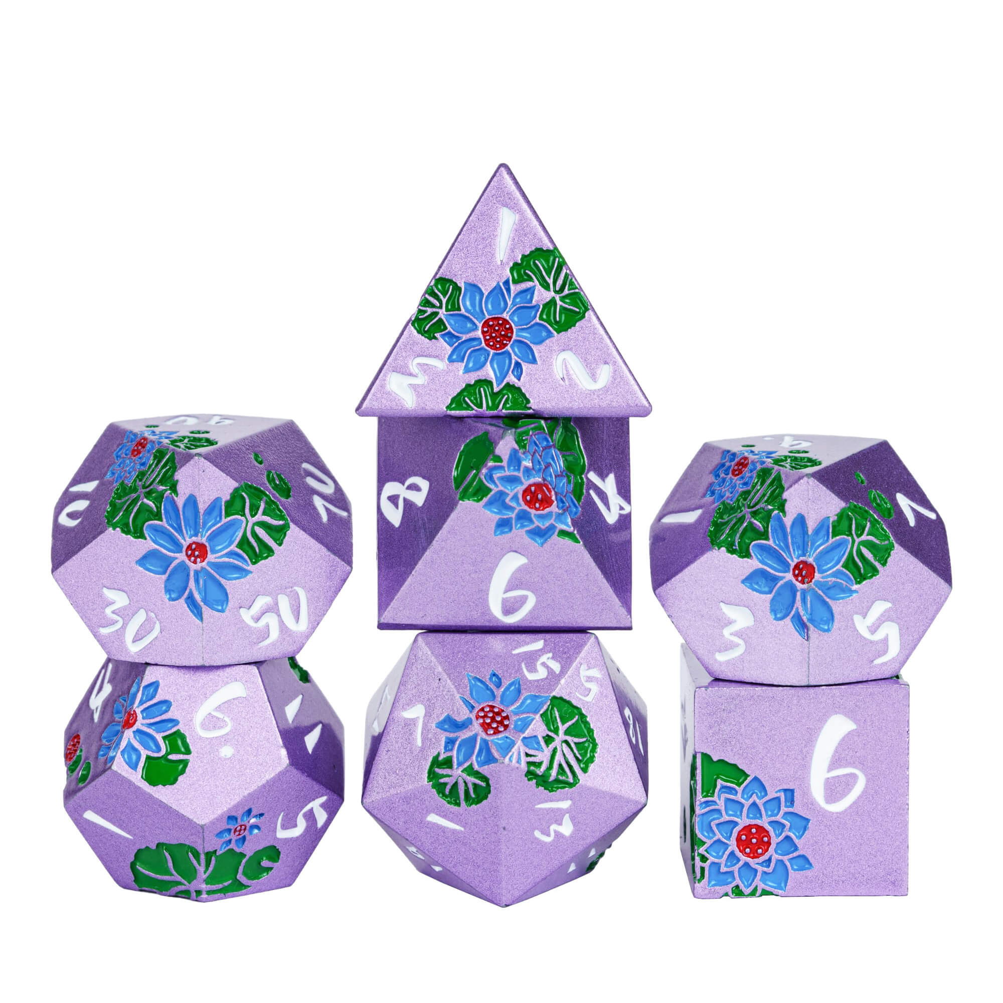 Lotus 7 Metal Polyhedral Set of Dice DnD Purple White - Dice of Dragons