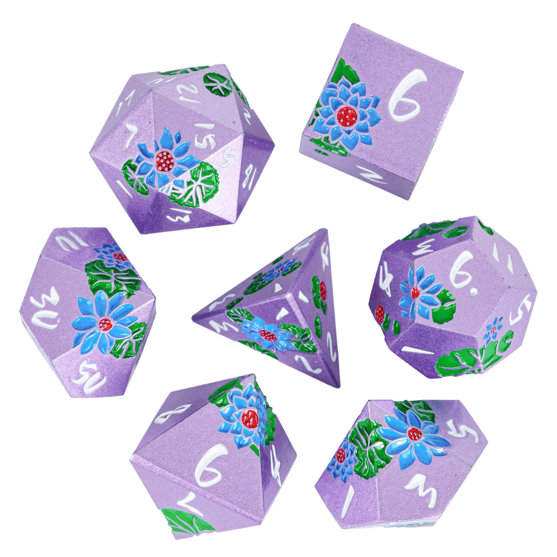 Lotus 7 Metal Polyhedral Set of Dice DnD Purple White - Dice of Dragons