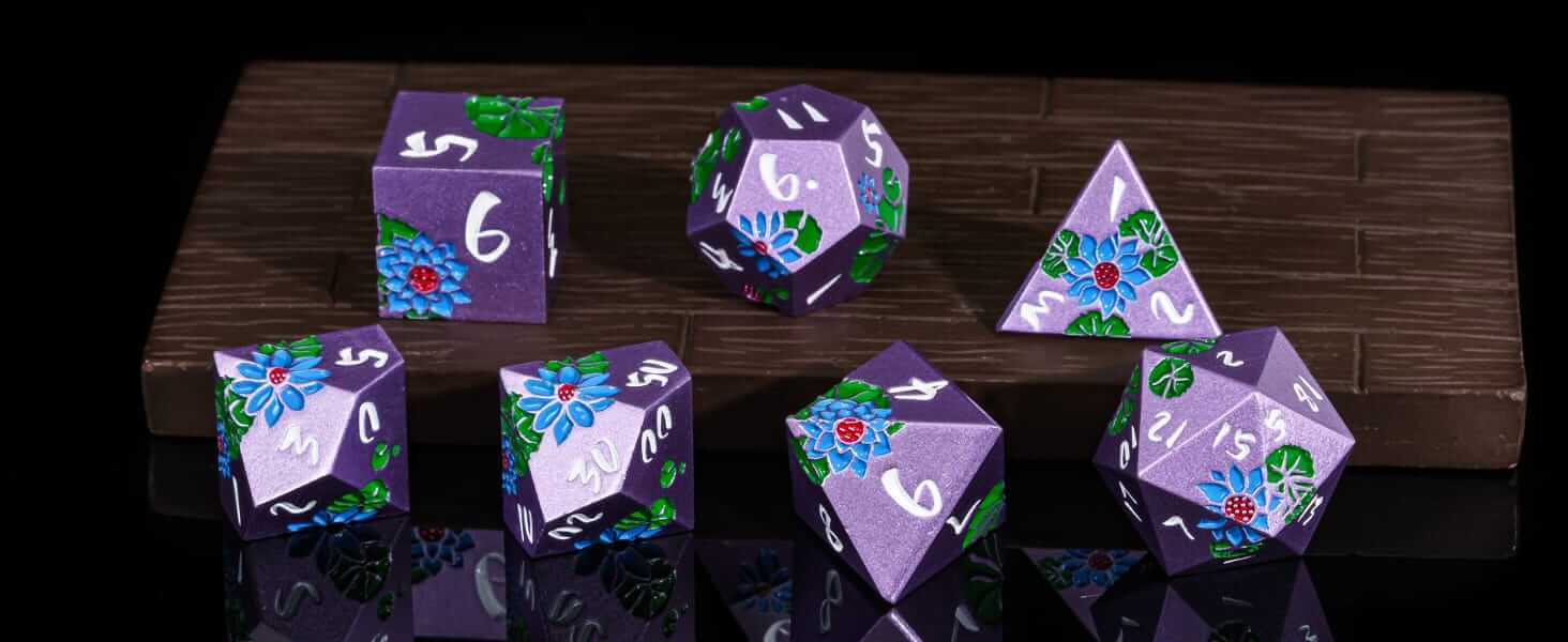 Lotus 7 Metal Polyhedral Set of Dice DnD Purple White - Dice of Dragons