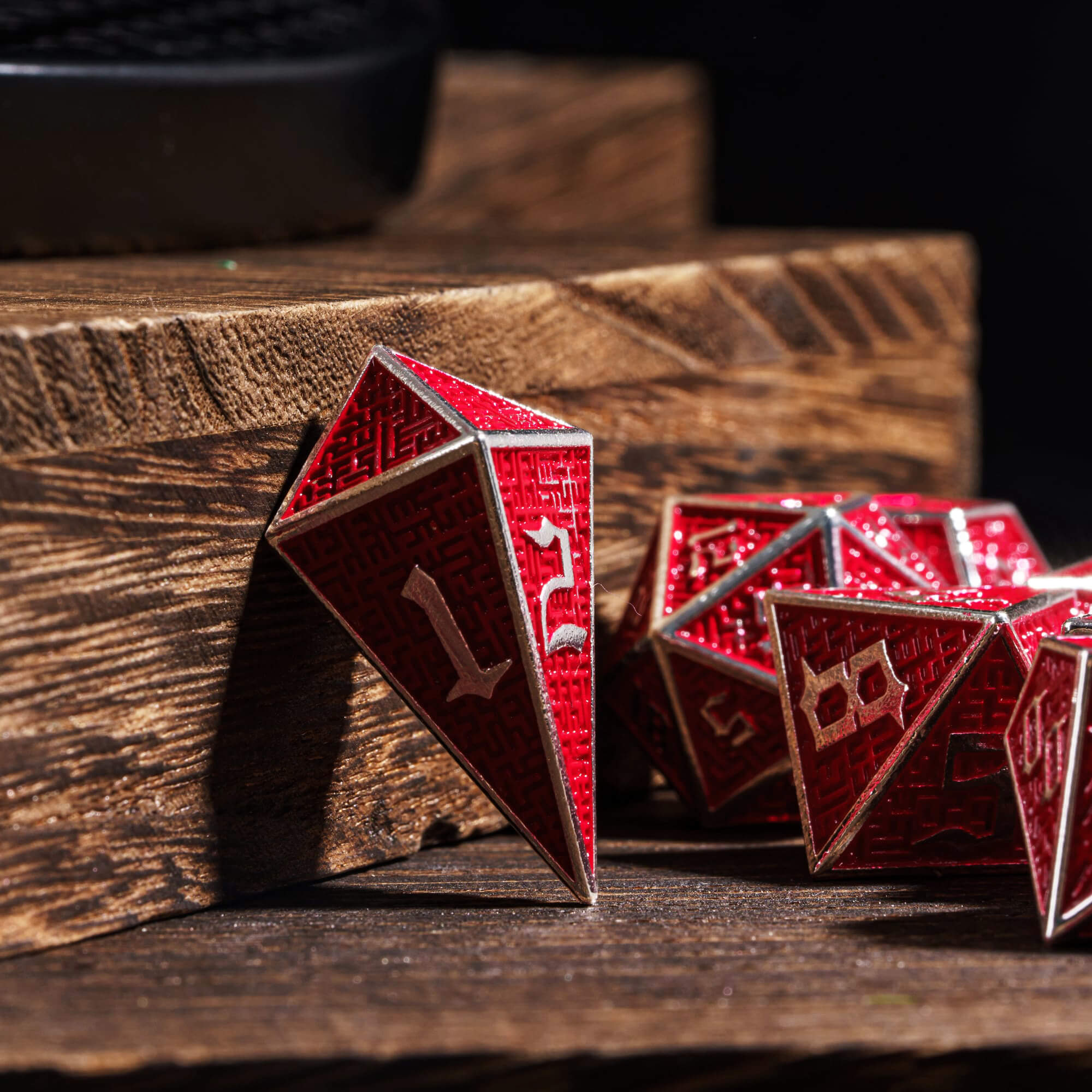 Maze 7 Metal Polyhedral Set Dice DnD Silver Red - Dice of Dragons