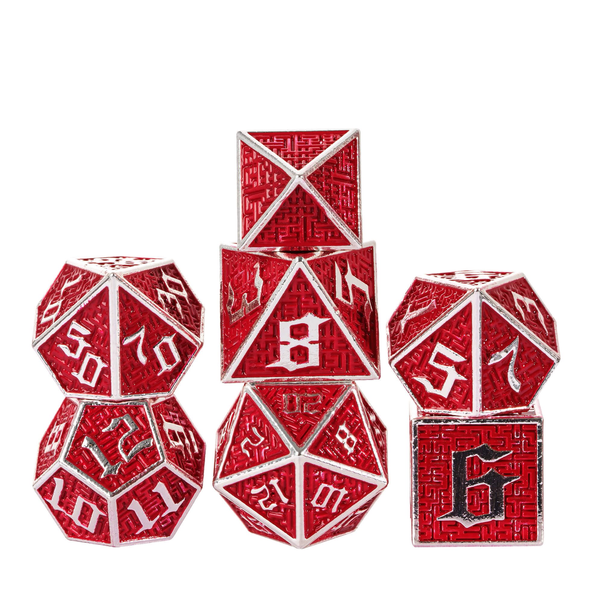 Maze 7 Metal Polyhedral Set Dice DnD Silver Red - Dice of Dragons