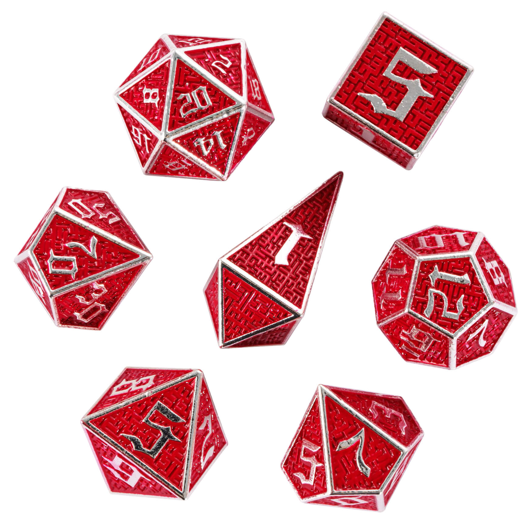 Maze 7 Metal Polyhedral Set Dice DnD Silver Red - Dice of Dragons