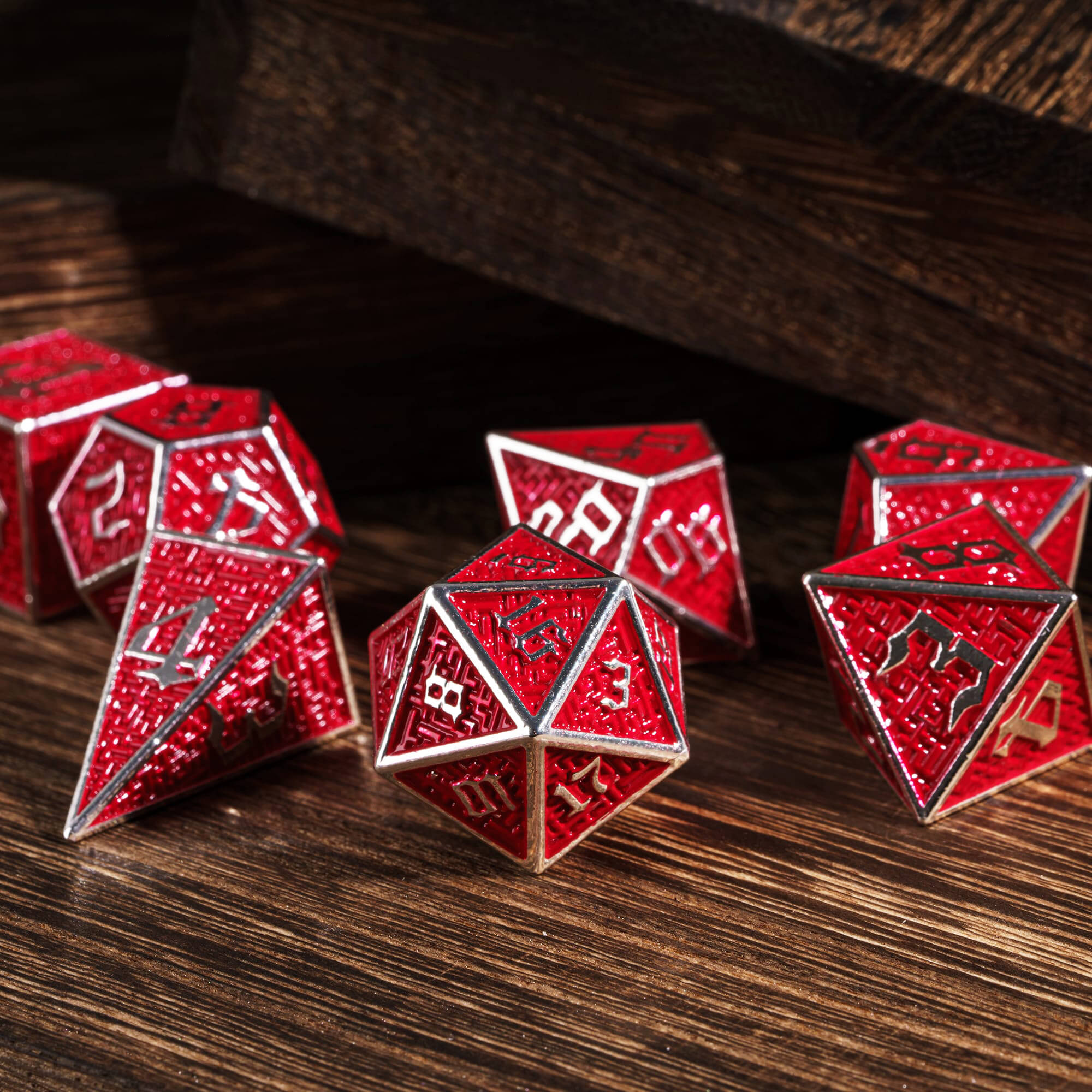 Maze 7 Metal Polyhedral Set Dice DnD Silver Red - Dice of Dragons