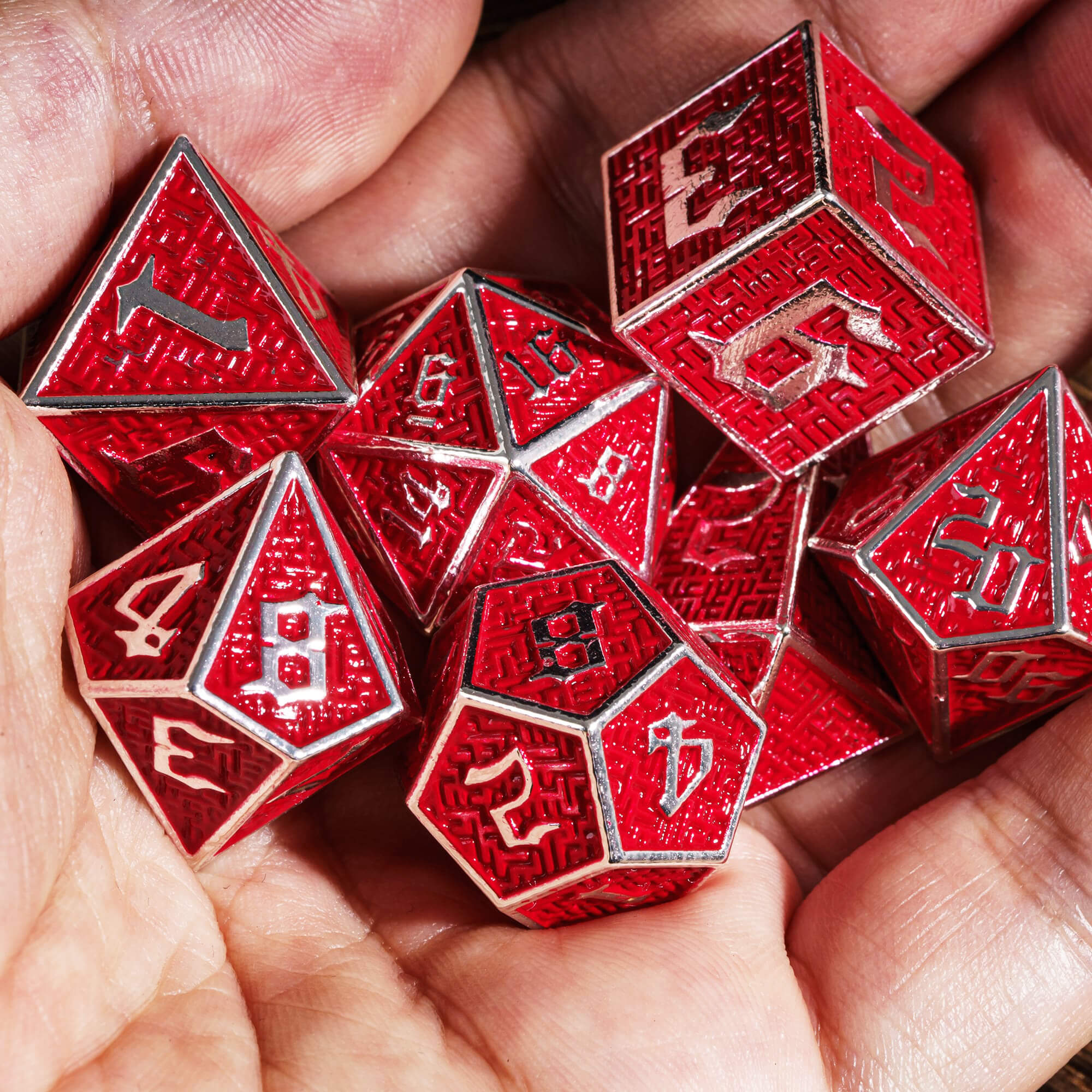 Maze 7 Metal Polyhedral Set Dice DnD Silver Red - Dice of Dragons