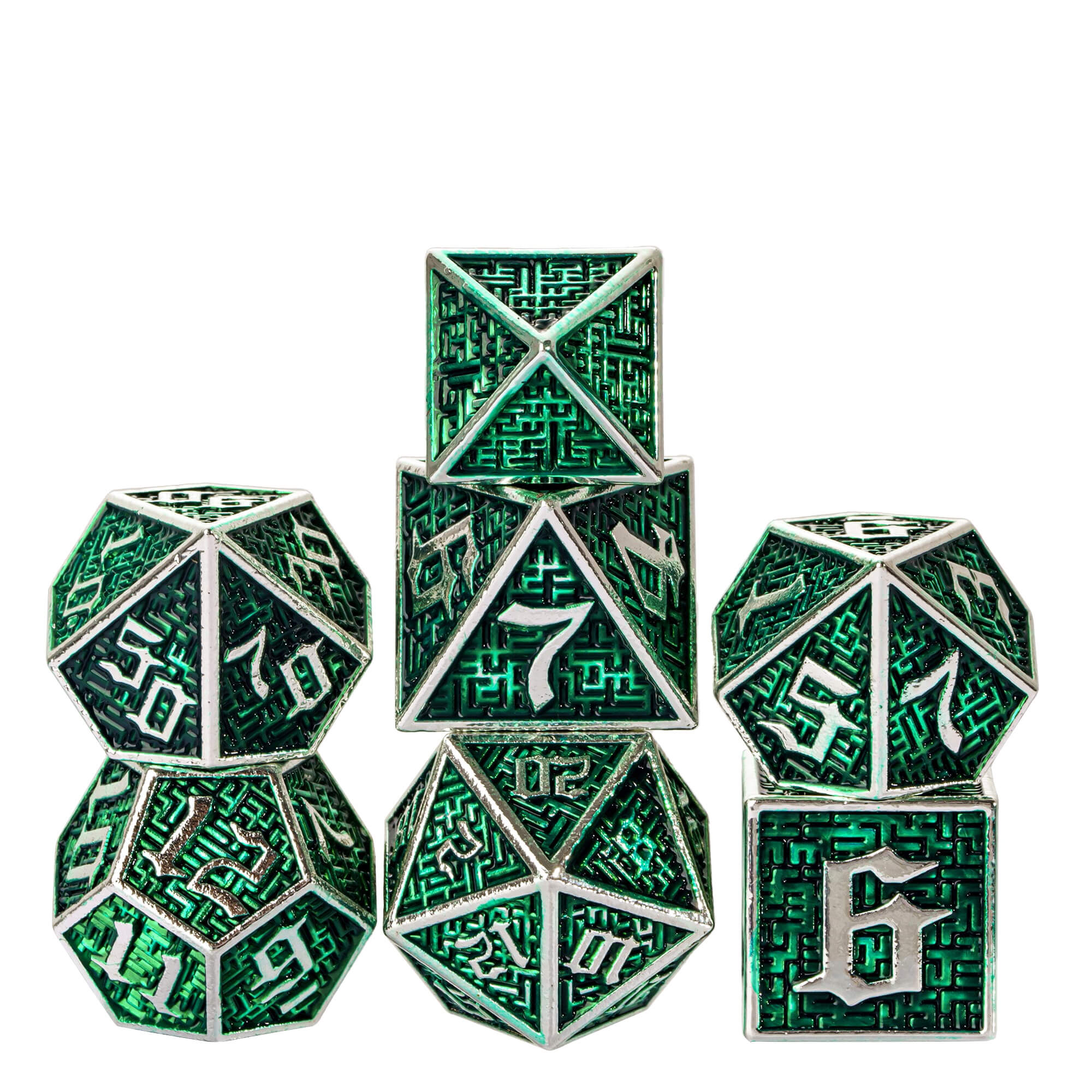 Maze 7 Polyhedral Metal D And D Dice Sets Silver Green - Dice of Dragons