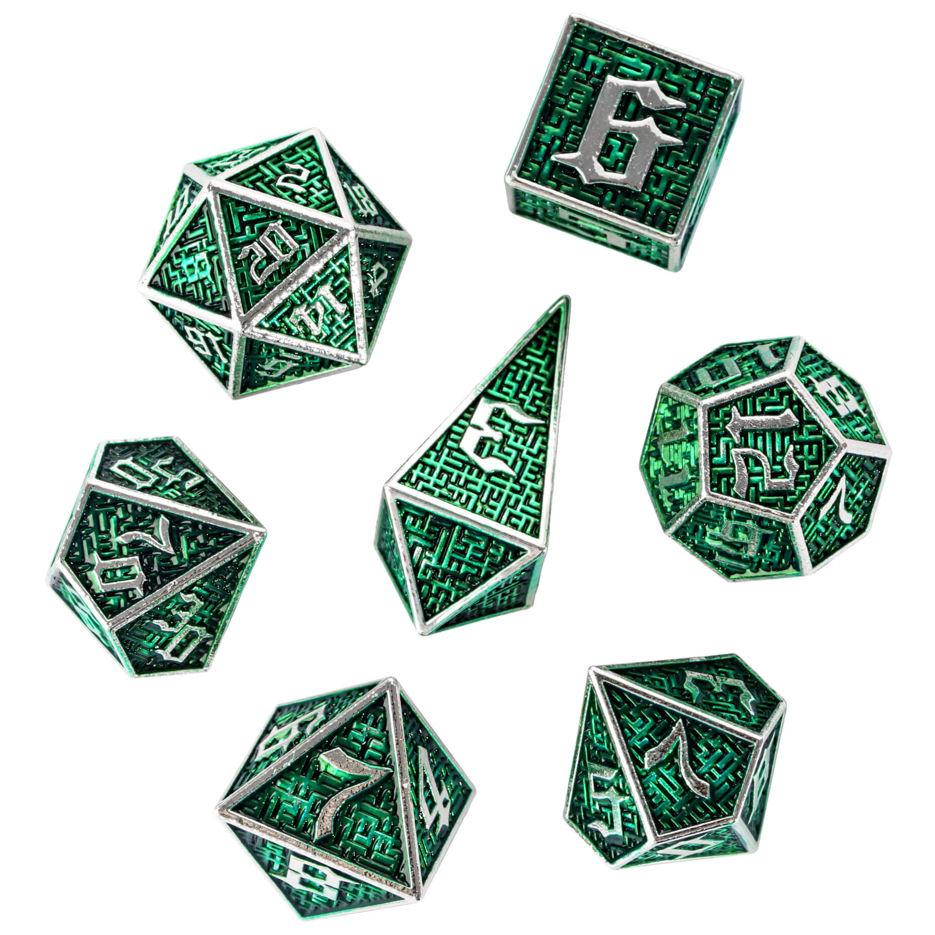 Maze 7 Polyhedral Metal D And D Dice Sets Silver Green - Dice of Dragons