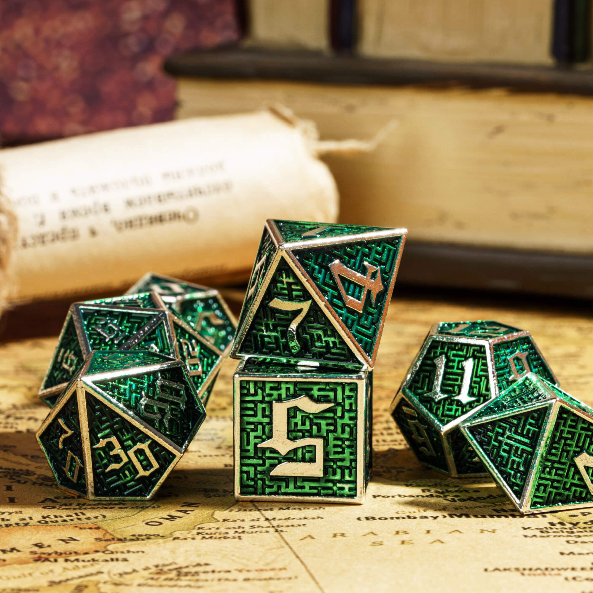 Maze 7 Polyhedral Metal D And D Dice Sets Silver Green - Dice of Dragons