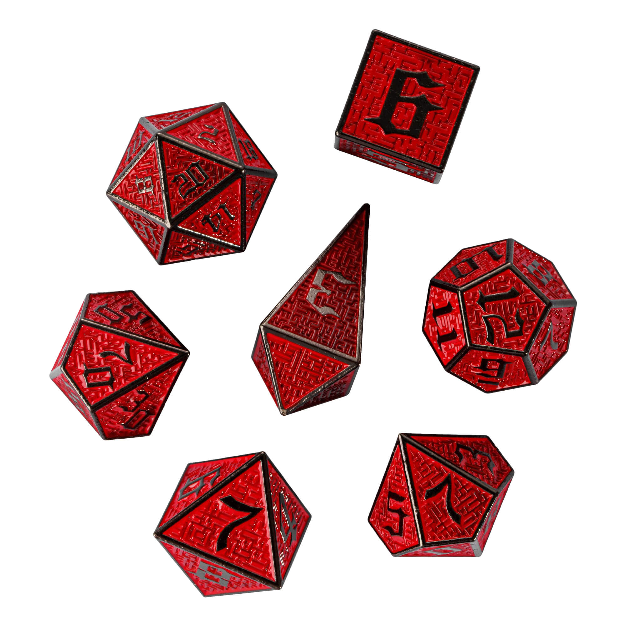 Maze 7 Polyhedral Metal DD Dice Set Black Red - Dice of Dragons