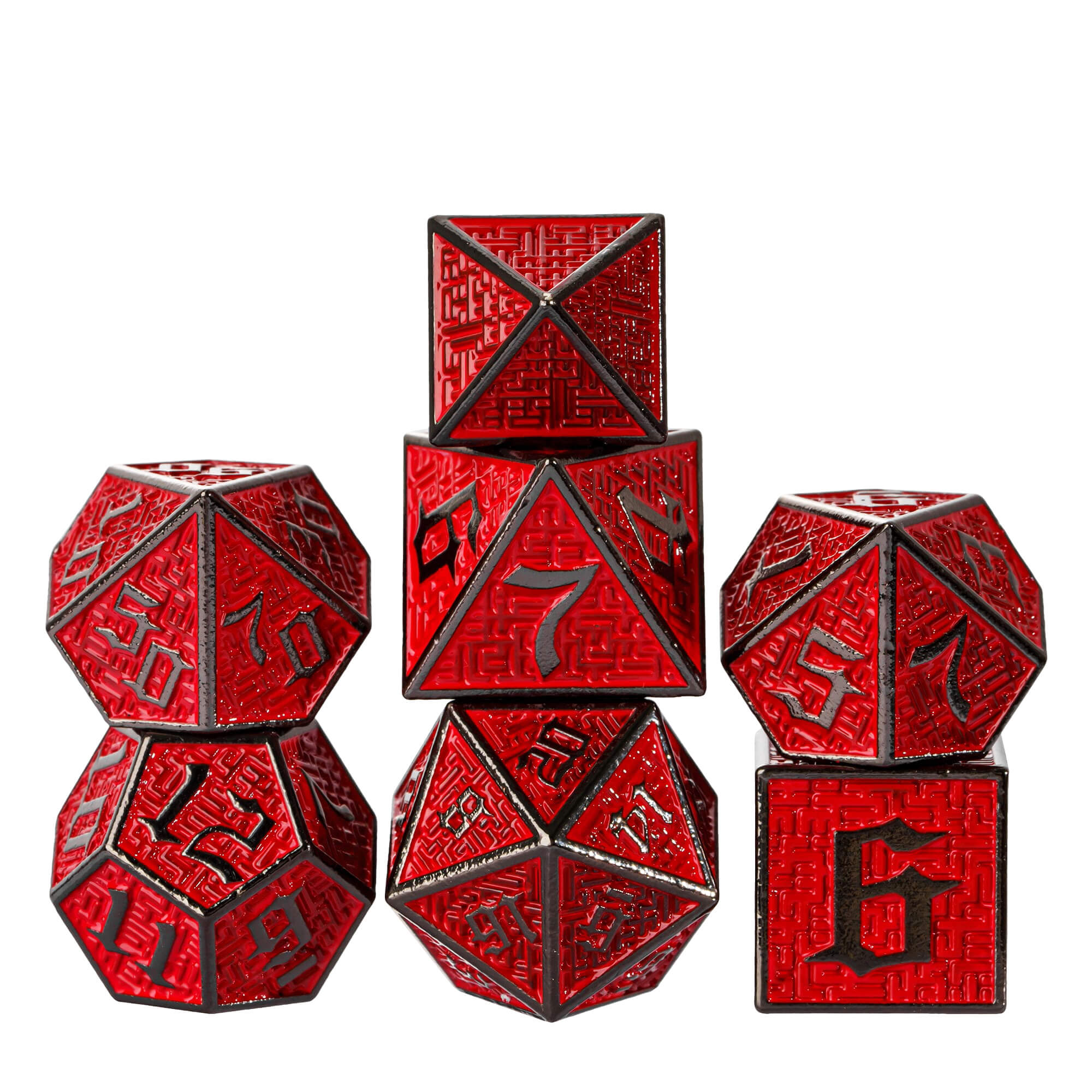 Maze 7 Polyhedral Metal DD Dice Set Black Red - Dice of Dragons