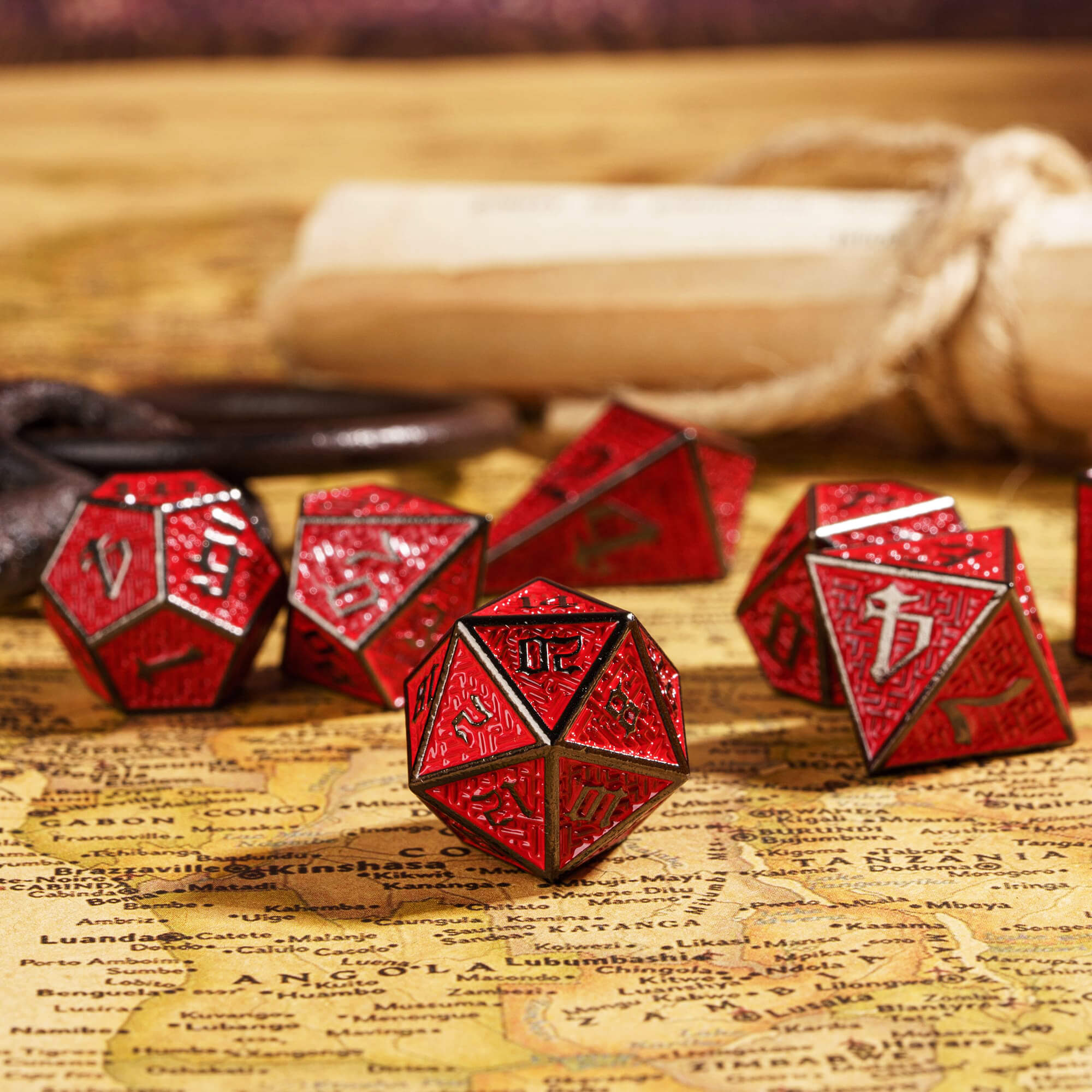 Maze 7 Polyhedral Metal DD Dice Set Black Red - Dice of Dragons