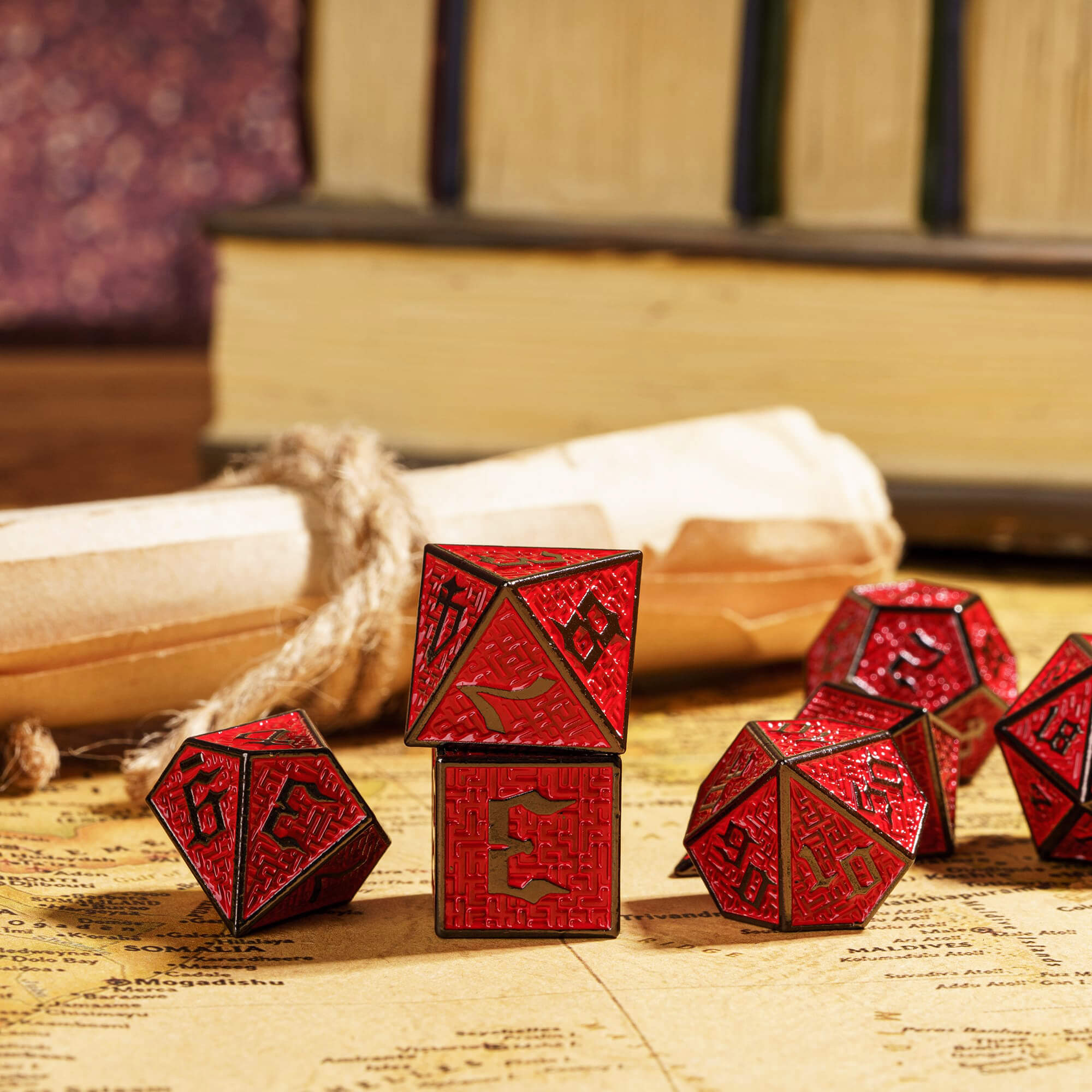 Maze 7 Polyhedral Metal DD Dice Set Black Red - Dice of Dragons