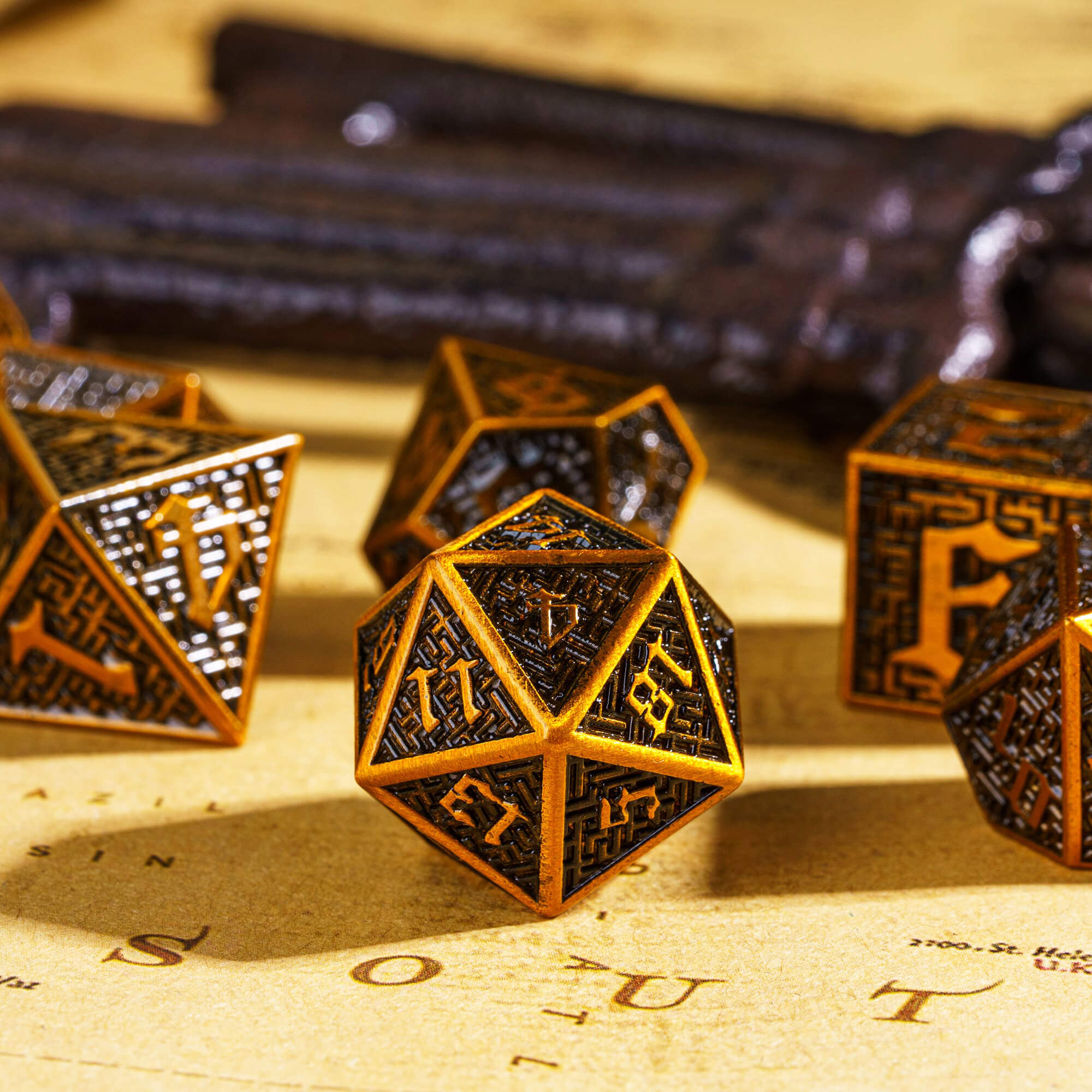 Maze 7 Polyhedral Metal Dice Sets D&D Gold - Dice of Dragons