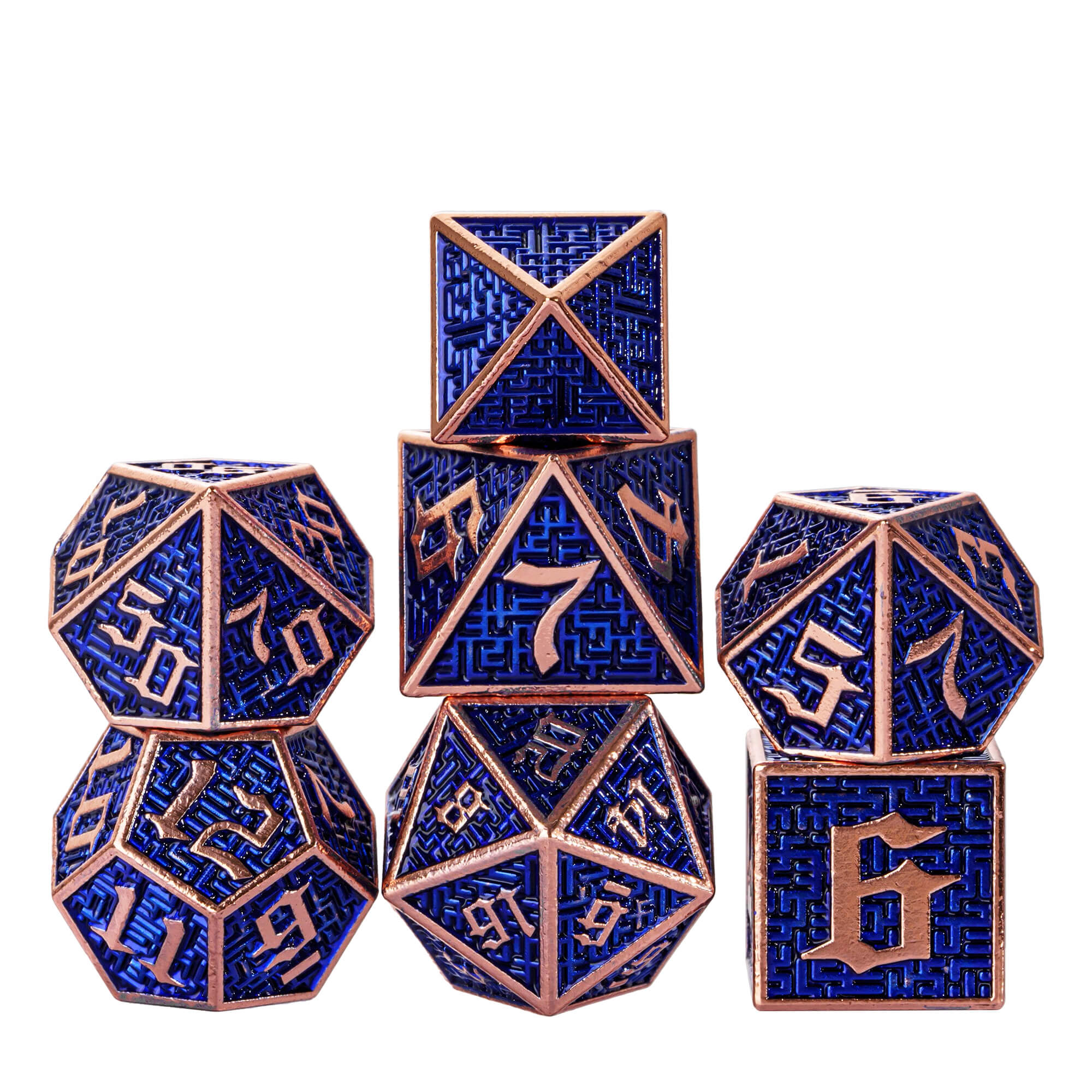 Maze 7 Polyhedral Metal Dice Set D And D Copper Blue - Dice of Dragons