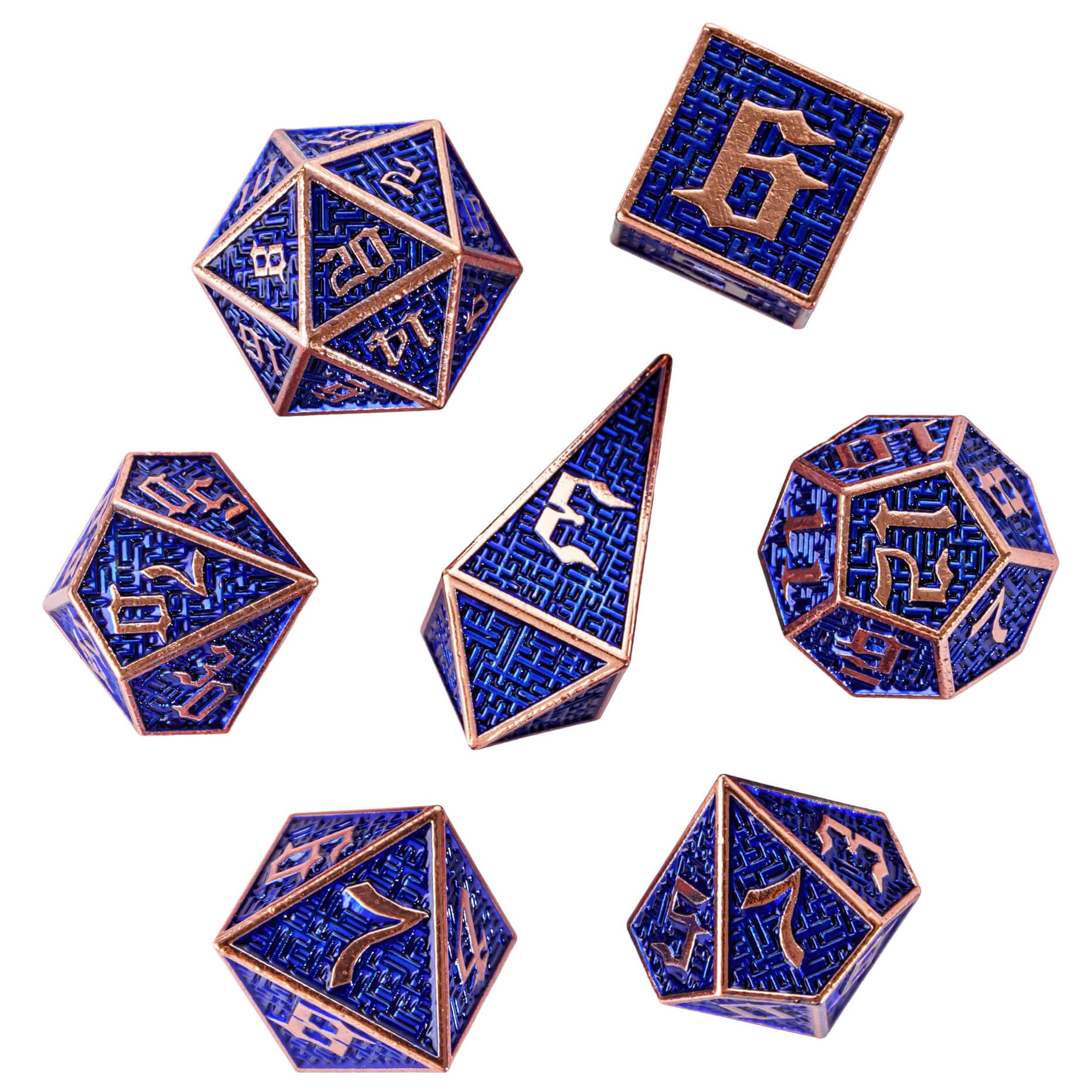 Maze 7 Polyhedral Metal Dice Set D And D Copper Blue - Dice of Dragons