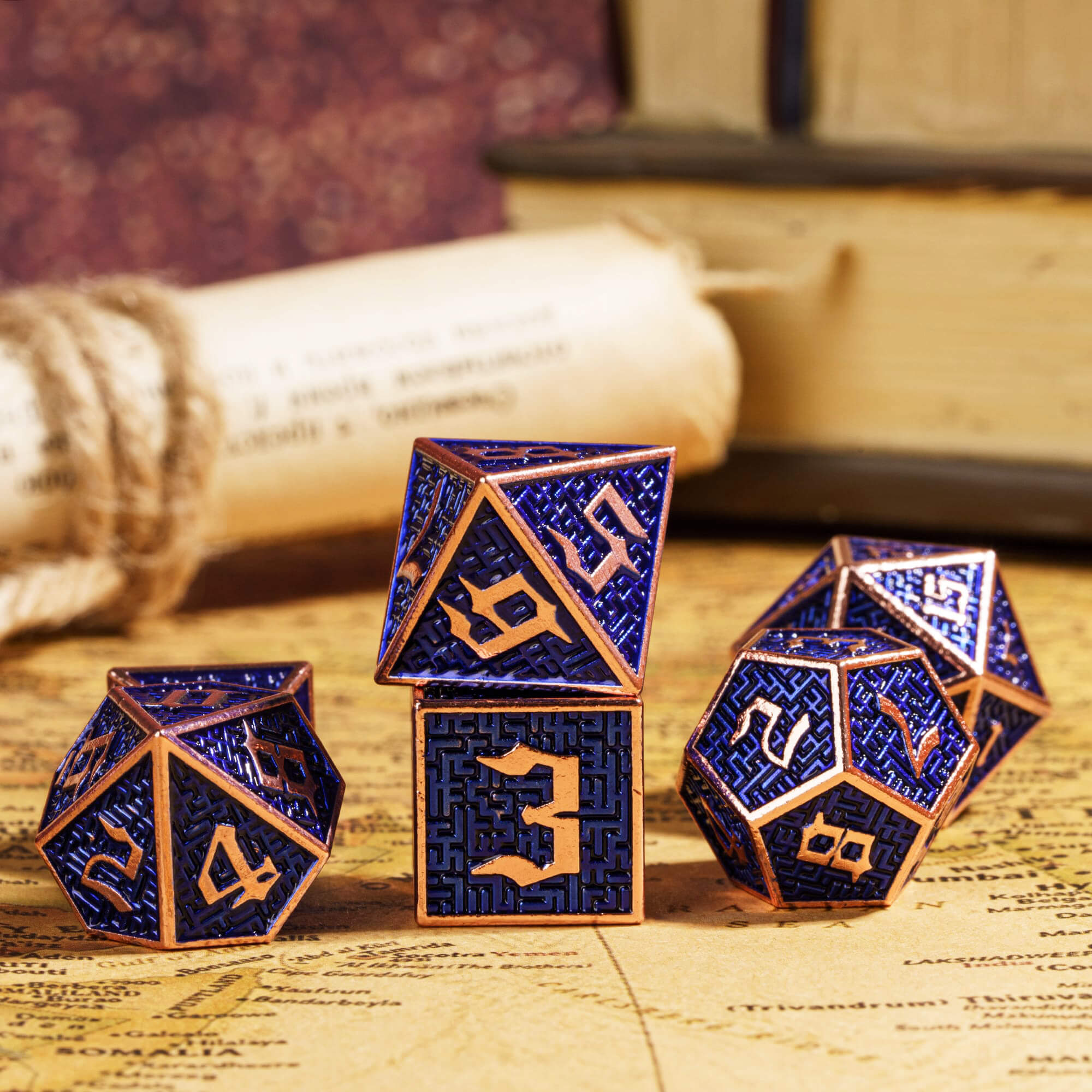 Maze 7 Polyhedral Metal Dice Set D And D Copper Blue - Dice of Dragons