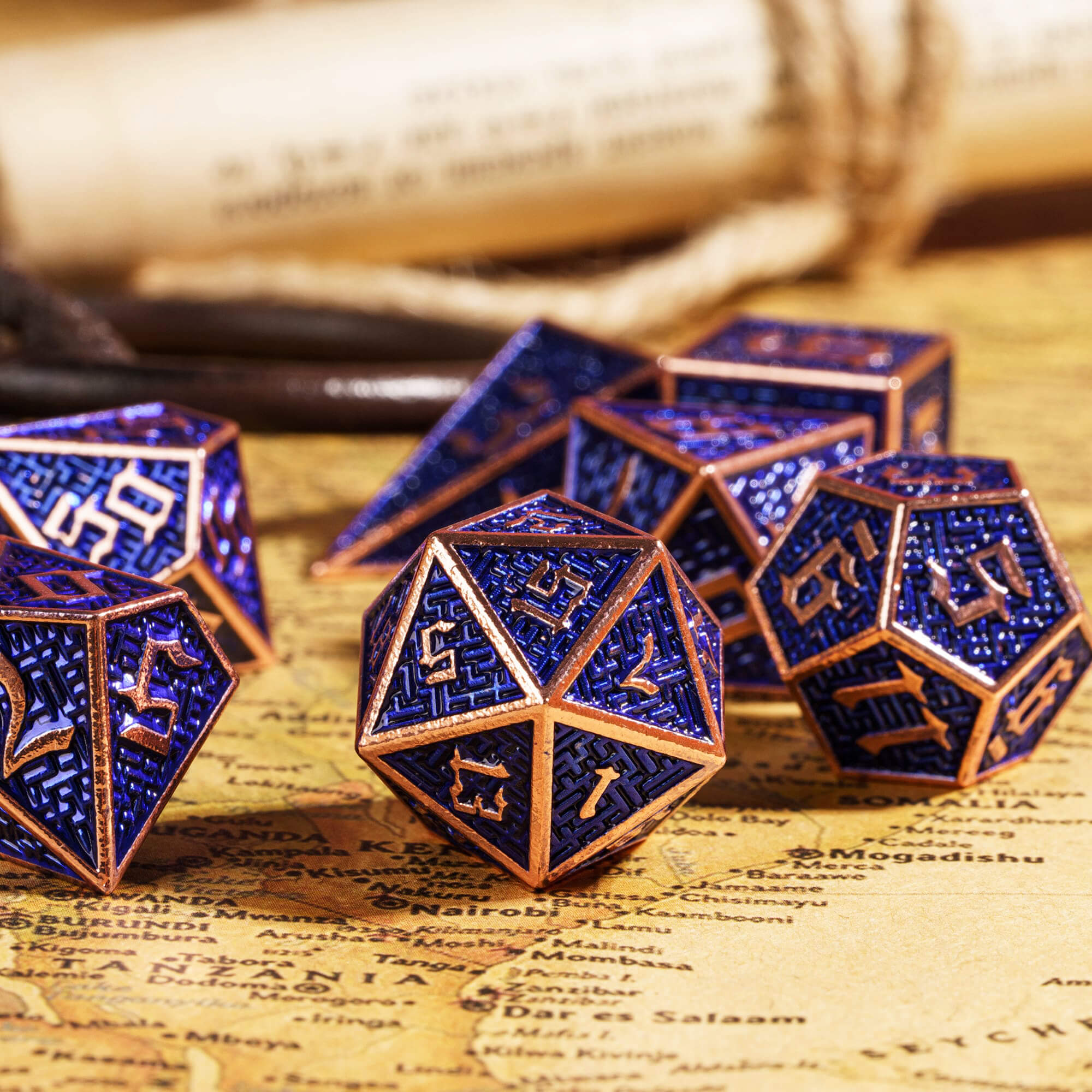 Maze 7 Polyhedral Metal Dice Set D And D Copper Blue - Dice of Dragons