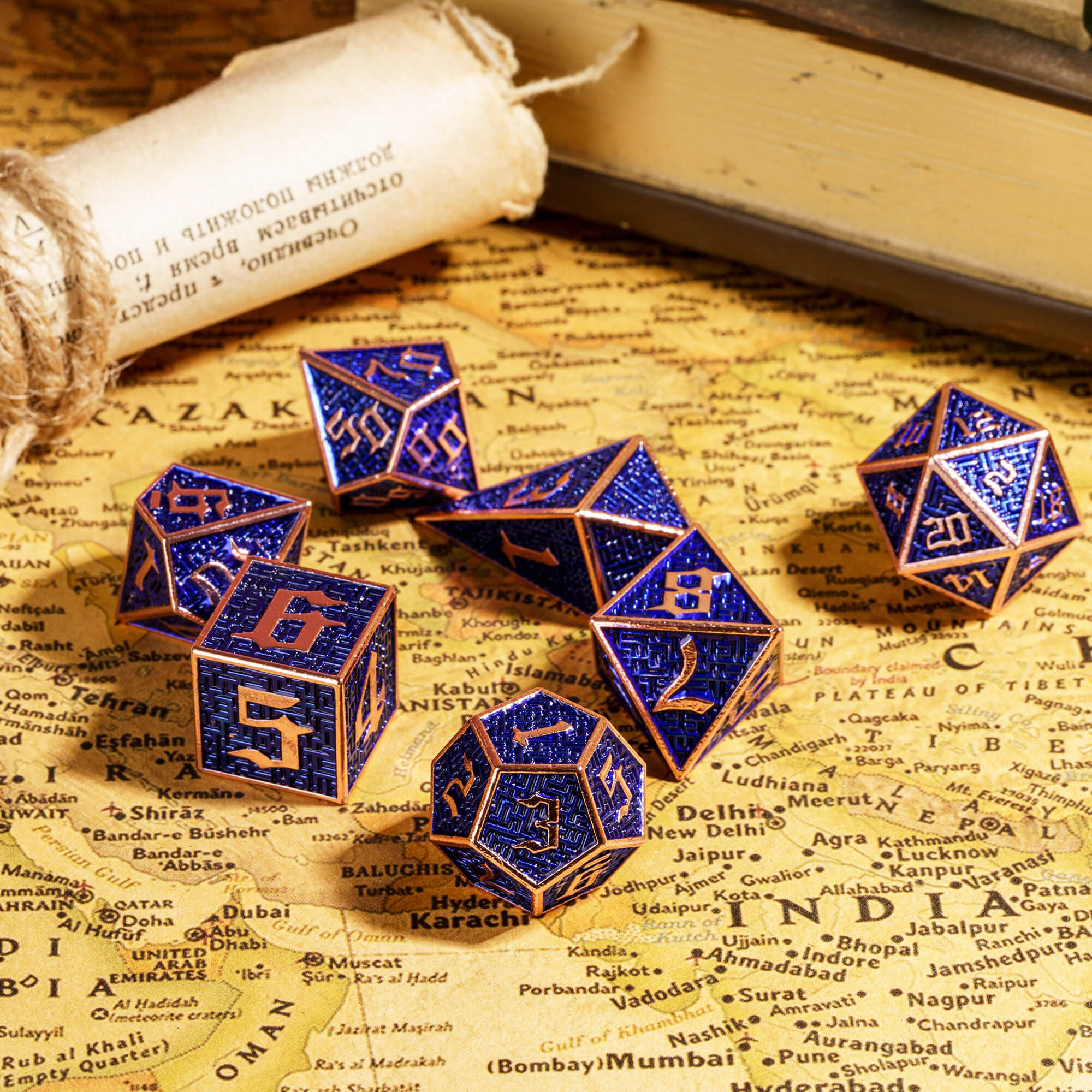 Maze 7 Polyhedral Metal Dice Set D And D Copper Blue - Dice of Dragons