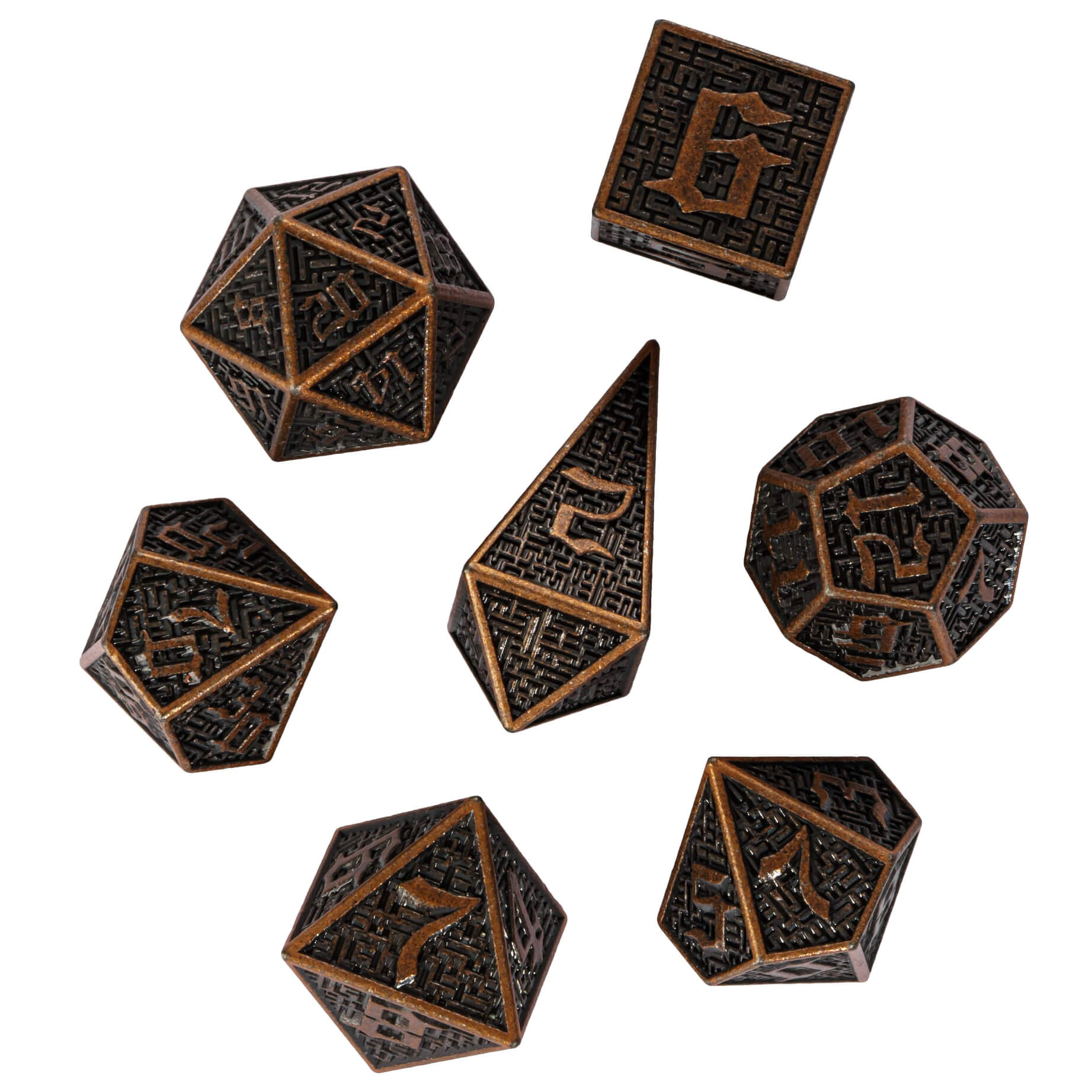 Maze 7 Polyhedral Metal Dice Set DnD Red Copper - Dice of Dragons