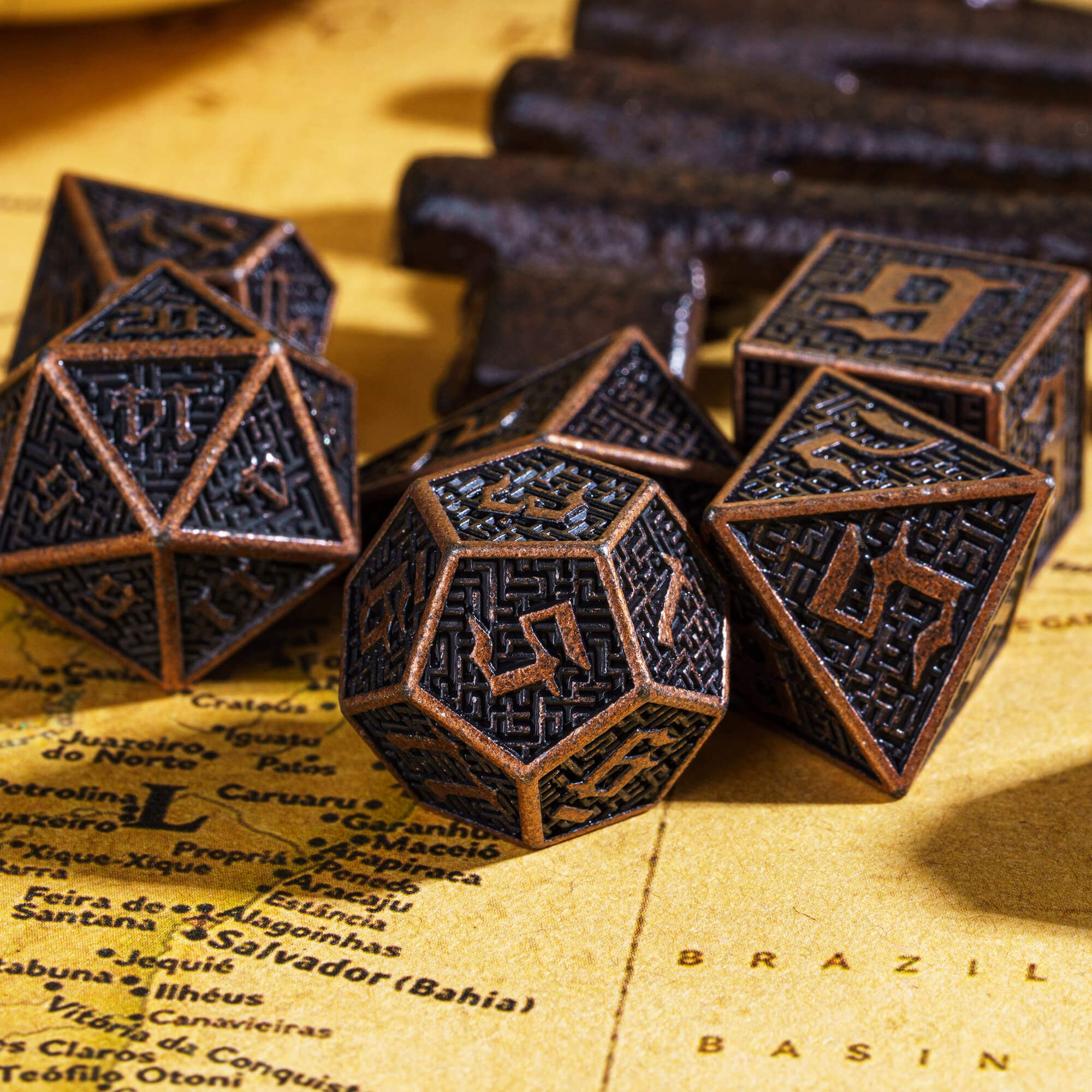 Maze 7 Polyhedral Metal Dice Set DnD Red Copper - Dice of Dragons