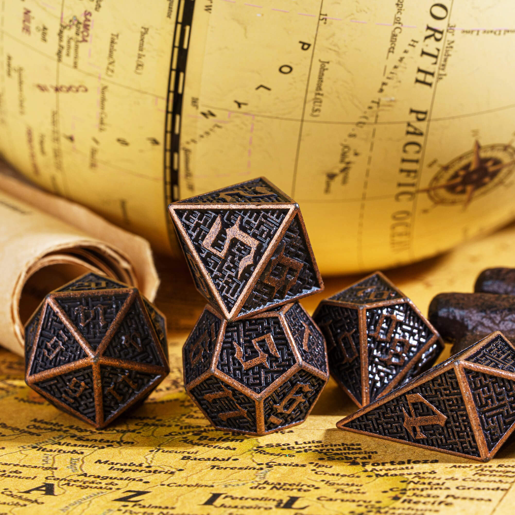 Maze 7 Polyhedral Metal Dice Set DnD Red Copper - Dice of Dragons