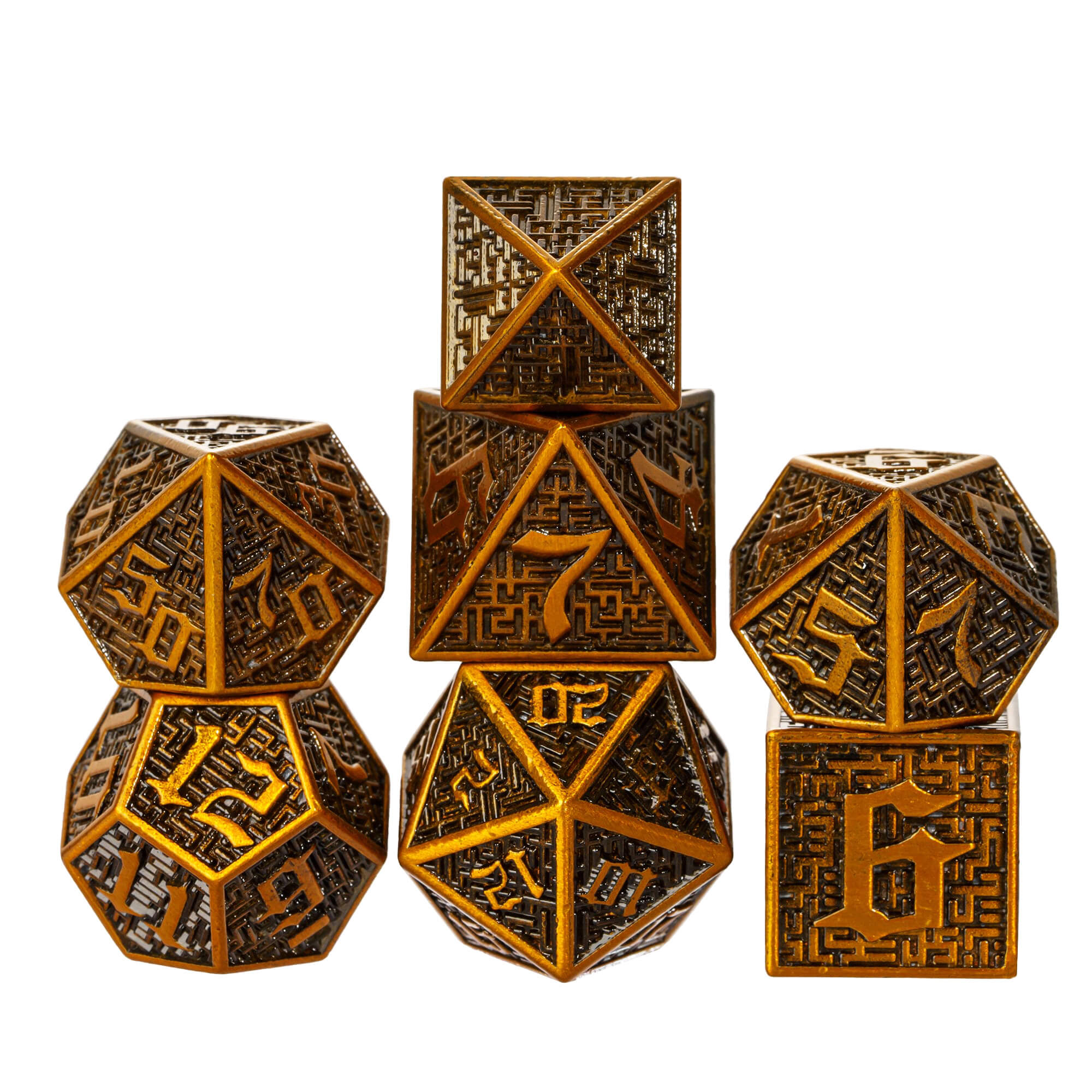 Maze 7 Polyhedral Metal Dice Sets D&D Gold - Dice of Dragons