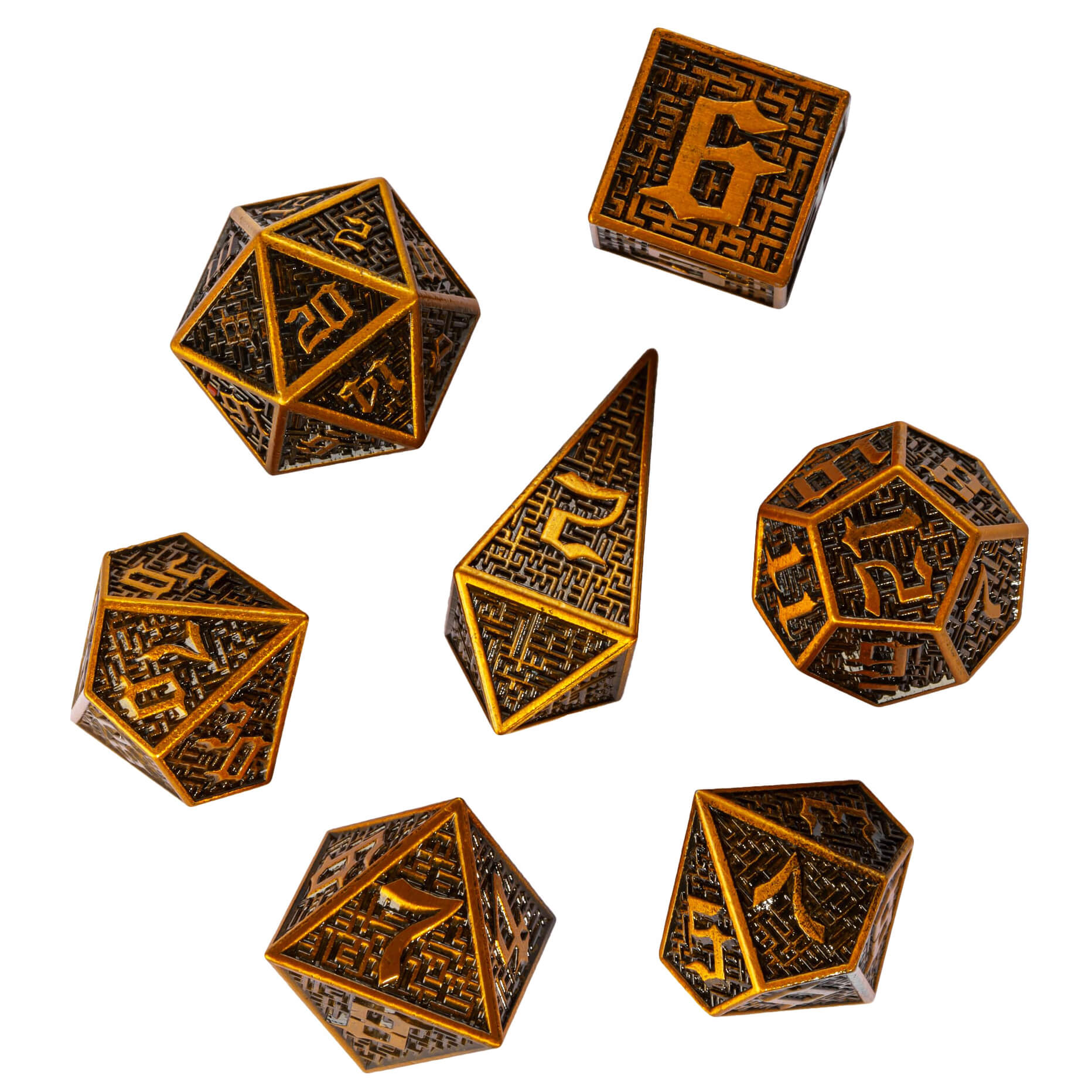 Maze 7 Polyhedral Metal Dice Sets D&D Gold - Dice of Dragons