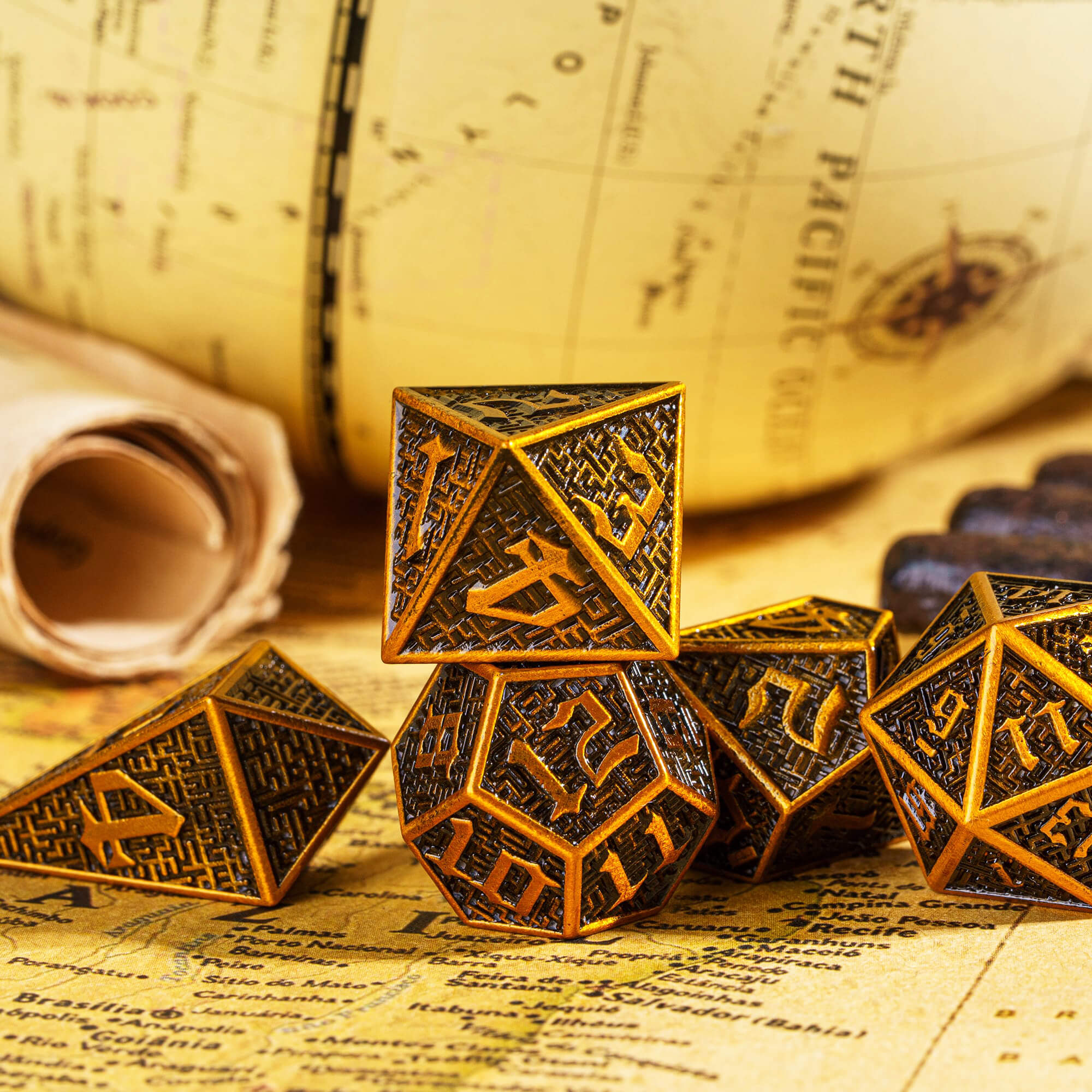 Maze 7 Polyhedral Metal Dice Sets D&D Gold - Dice of Dragons