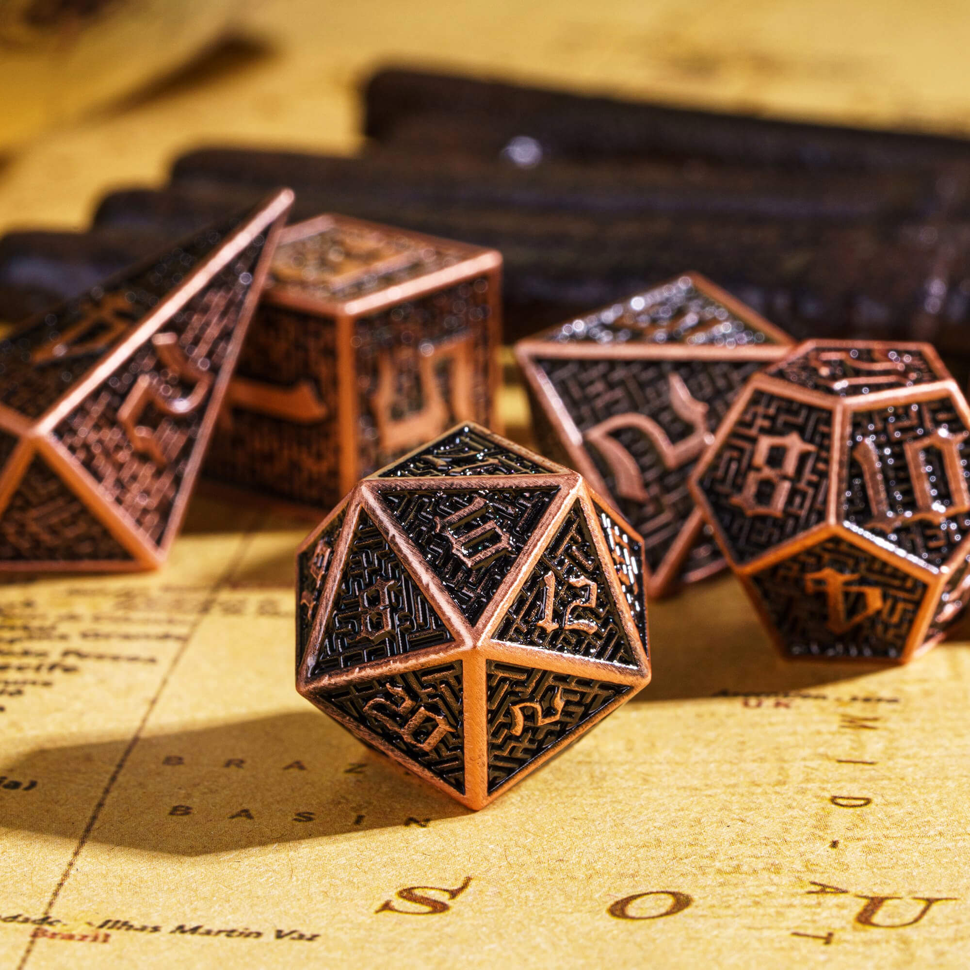 Maze 7 Polyhedral Metal DnD Dice Sets Red Copper - Dice of Dragons